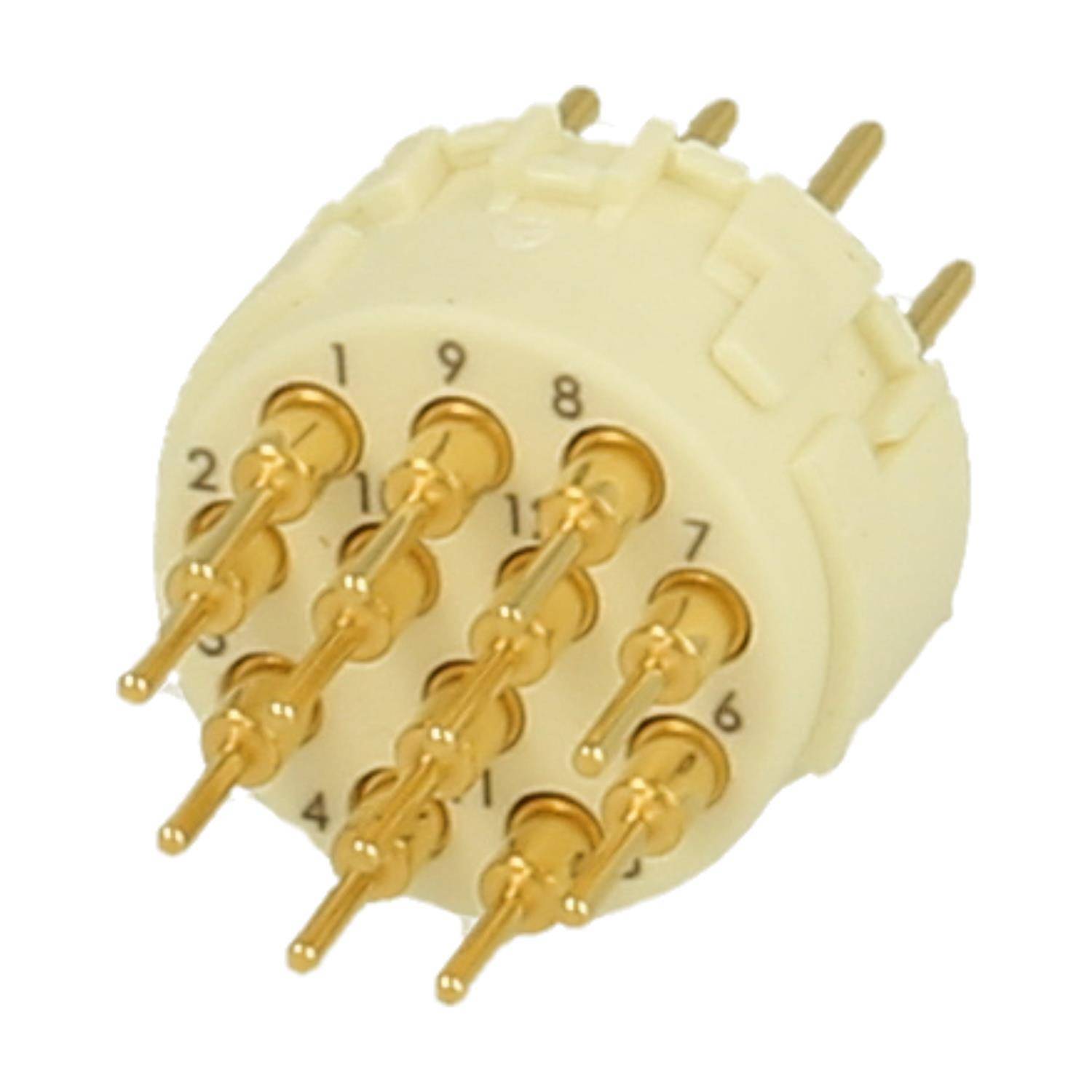 Ein beige Drehschalter mit 11 Goldkontakten, nummeriert von 1 bis 9. Wird in der Elektronik zur Steuerung von Schaltkreisen verwendet, typischerweise in Audiogeräten.