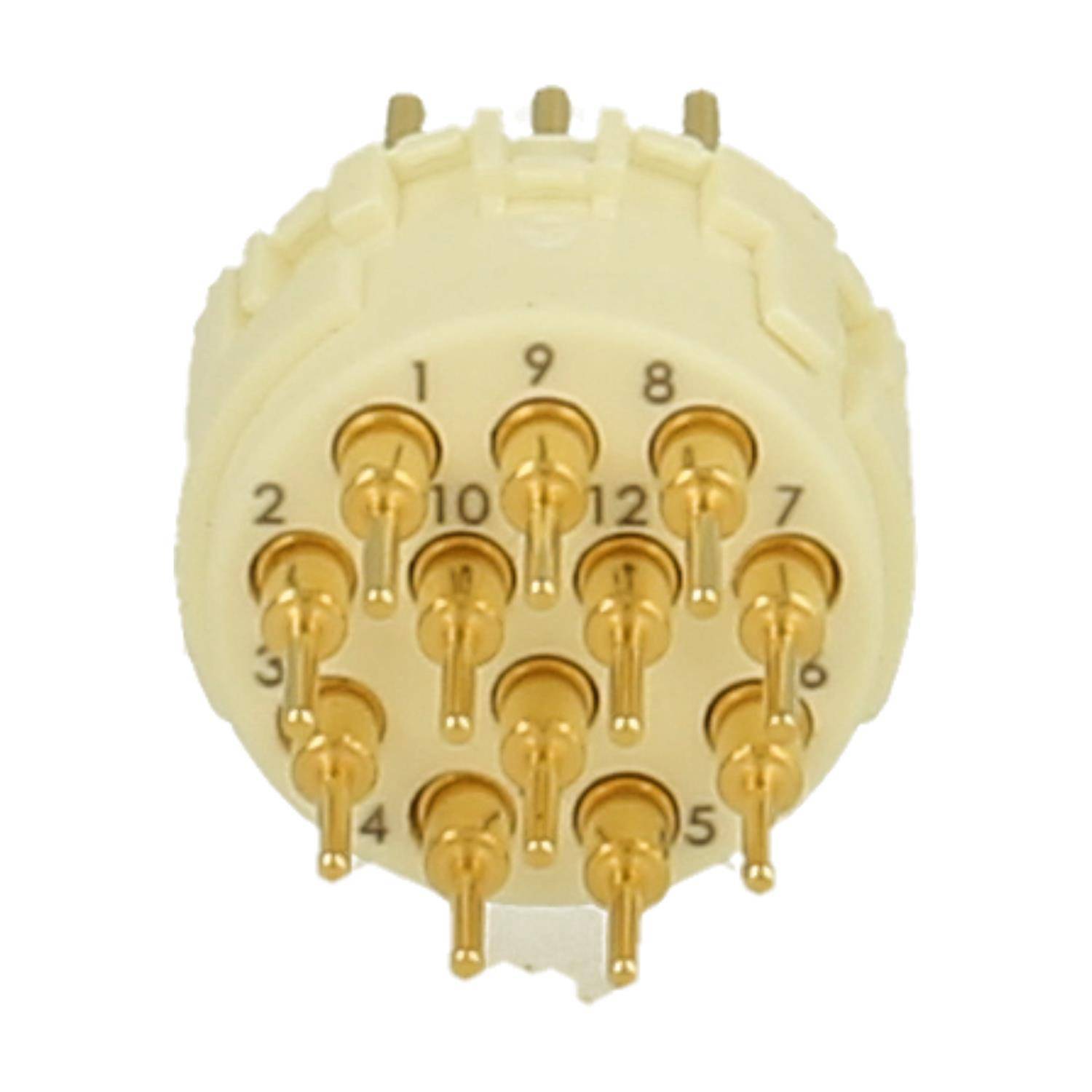 Ein beiger 12-poliger kreisförmiger elektronischer Steckverbinder mit beschrifteten Nummern von 1 bis 12 rund um den Umfang.