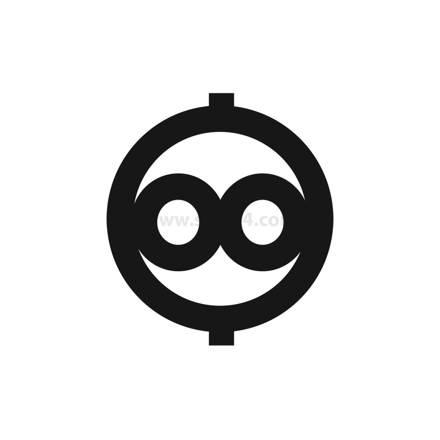 Ein schwarzes abstraktes Design mit zwei Kreisen innerhalb eines größeren Kreises, durchzogen von einer horizontalen Linie in der Mitte.