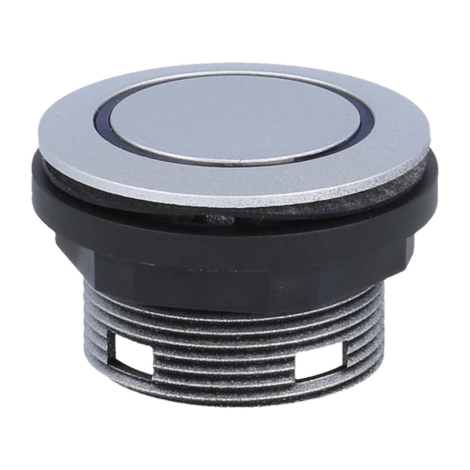 Ein runder Metalldruckknopf mit einer silbernen Oberfläche und schwarzem Gehäuse, ausgelegt zur Paneelmontage.