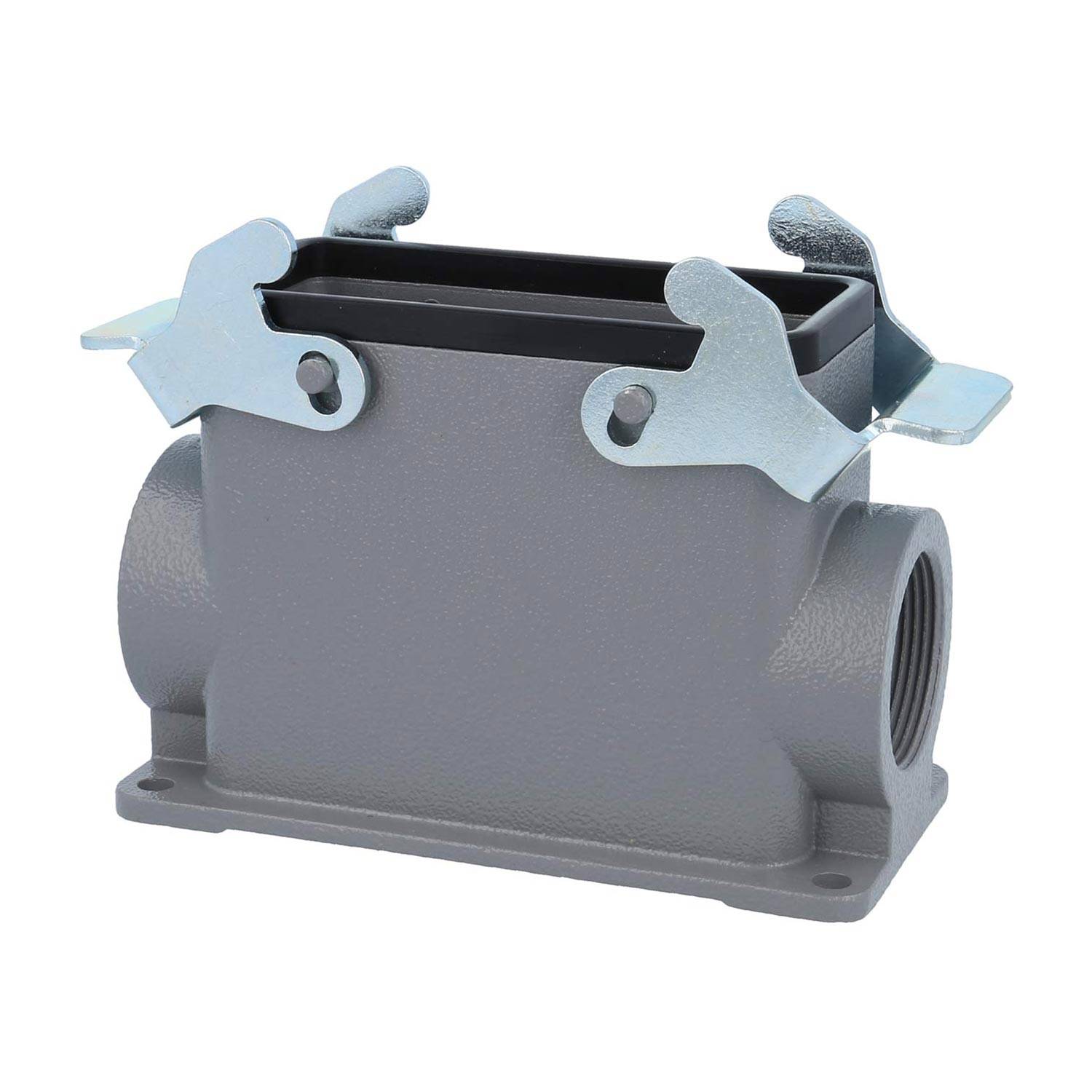 Ein grau-rechteckiges industrielles Anschlussgehäuse mit zwei Metallverriegelungen oben, entwickelt zum Schutz und zur Sicherung elektrischer Verbindungen.