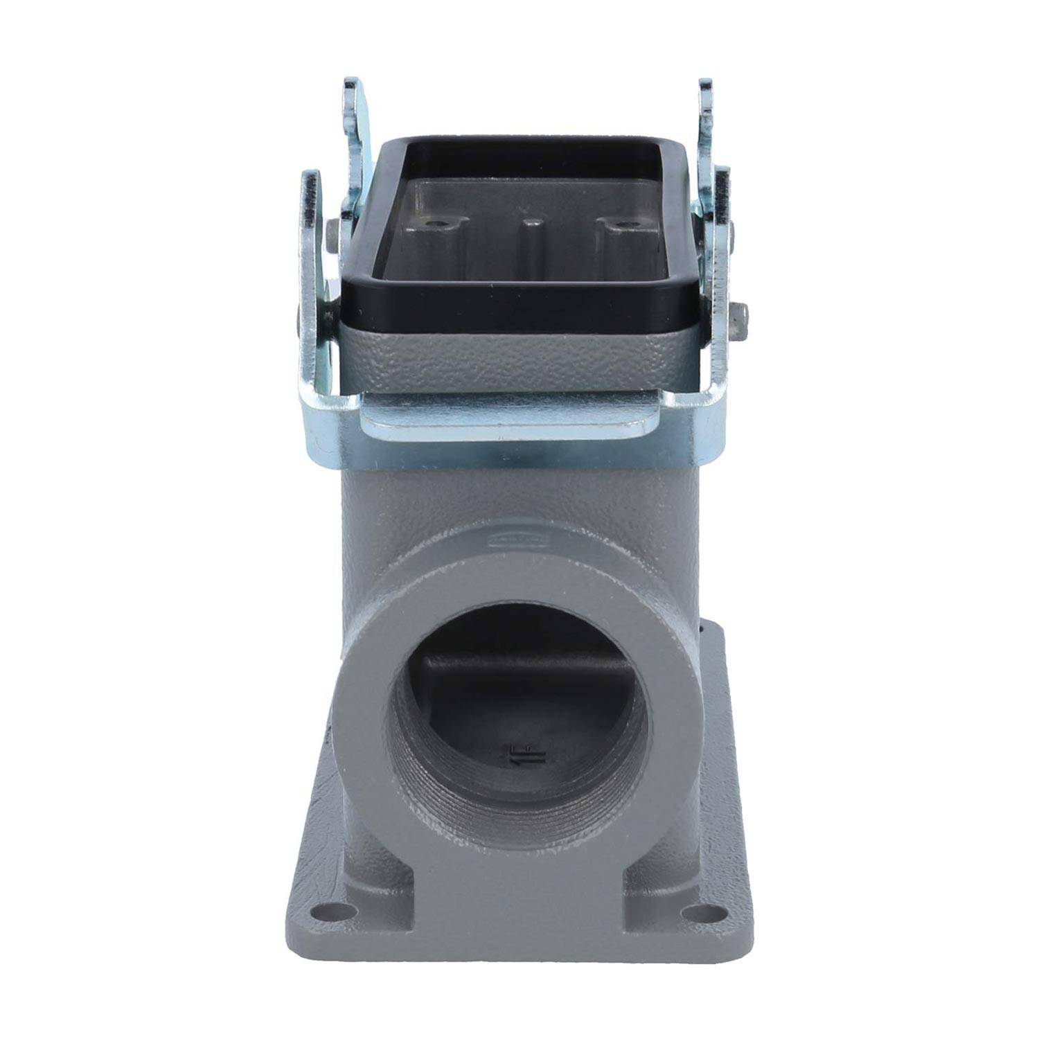 Ein grauer industrieller elektrischer Anschlussgehäuse mit einer rechteckigen Öffnung oben und einem kreisförmigen Einlass an der Vorderseite, konzipiert für den Kabeleintritt.