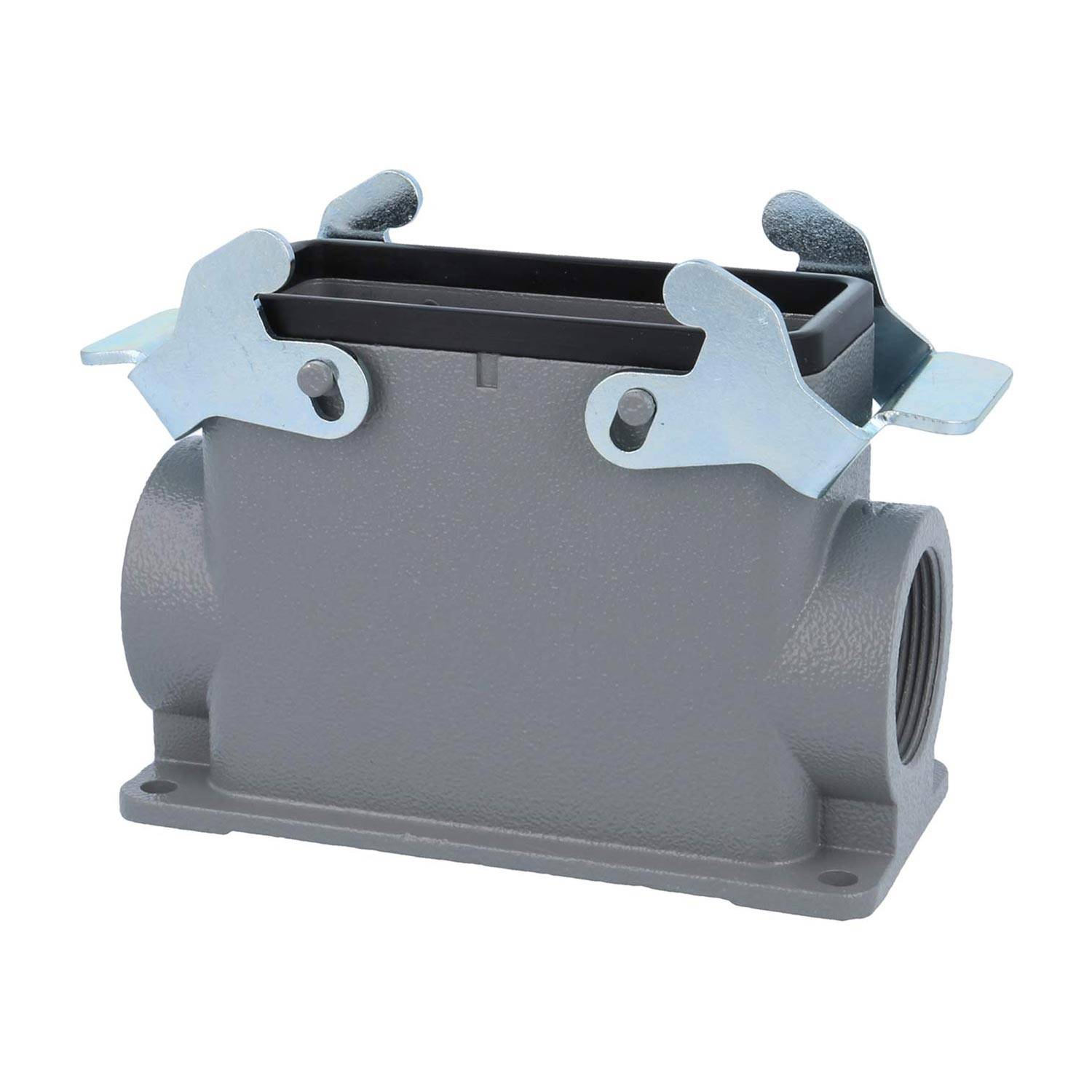 Ein rechteckiges graues industrielles Anschlussgehäuse mit zwei Metallverriegelungen oben, das zur Befestigung elektronischer Komponenten verwendet wird.