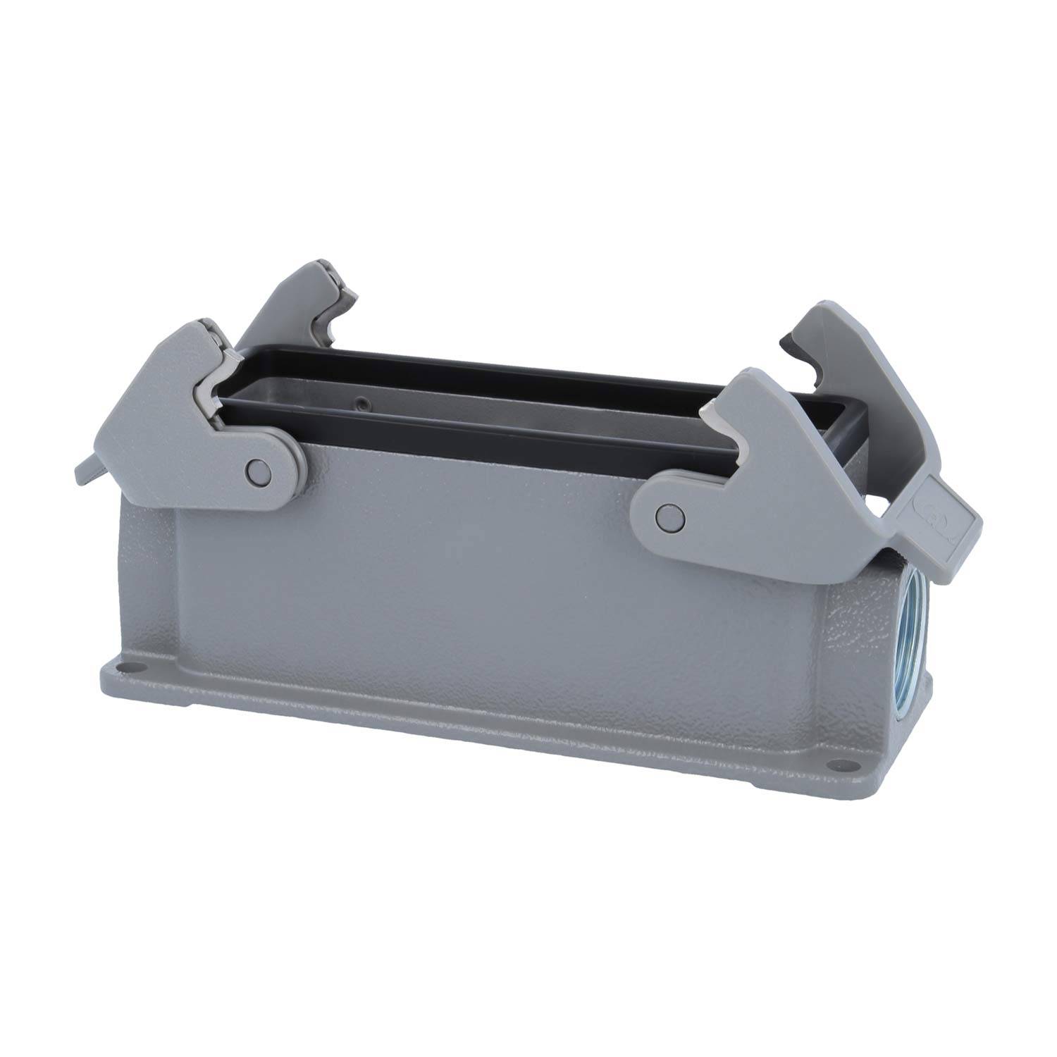 Ein grauer rechteckiger industrieller Anschlussblock mit zwei großen Verriegelungsclips an den Seiten, verwendet zum Sichern elektrischer Verbindungen.