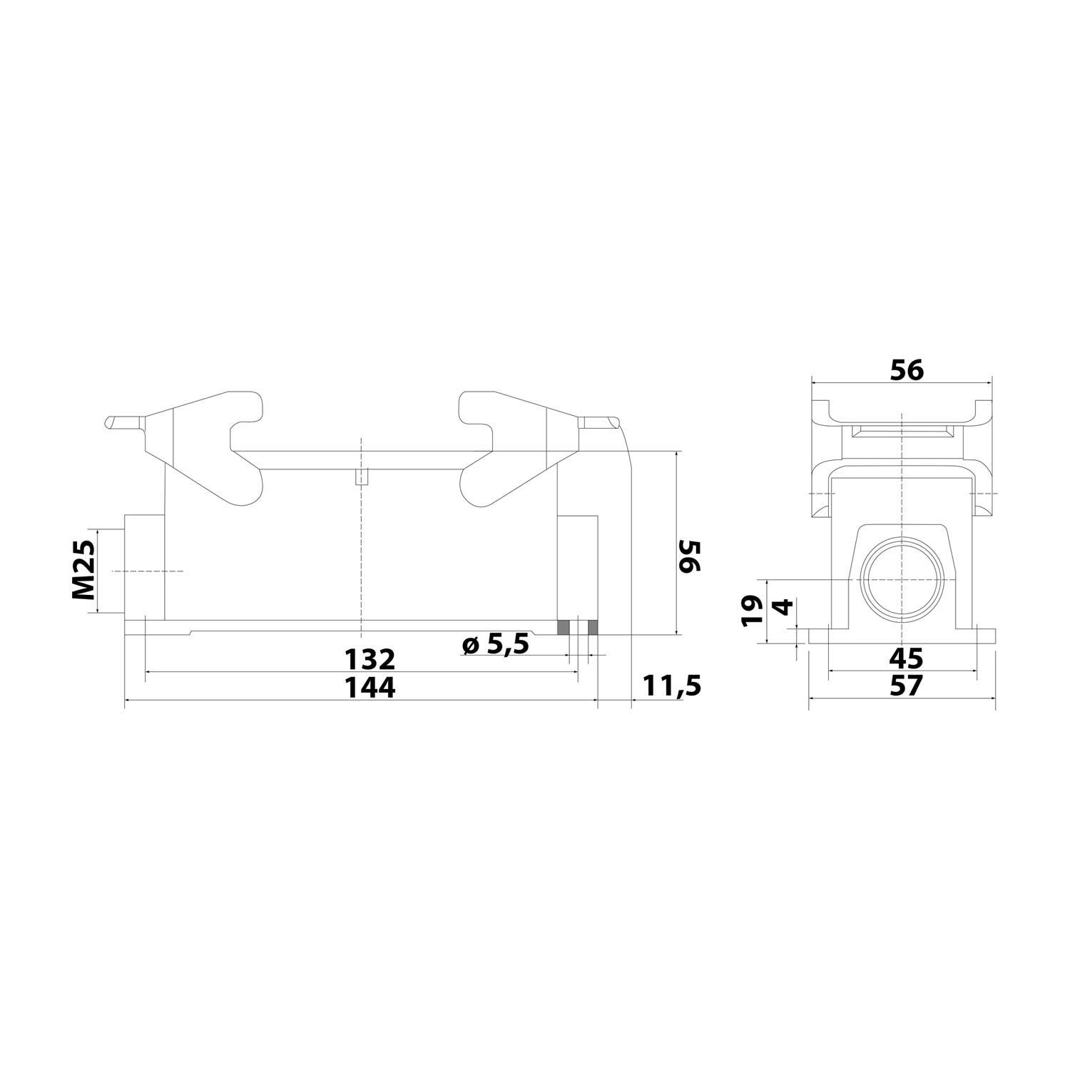 05300241233 HARTING Han 24B für 2 Einsätze Sockelgehäuse niedrig, 1xM25 seitlicher Kabelabgang, mit 2 Querbügeln