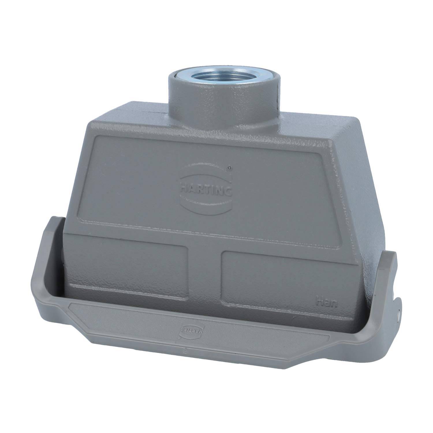 HARTING Graumetall-Haube mit Obereingangsgewinde für industrielle Verbindersysteme, die Langlebigkeit und Schutzdesign demonstriert.