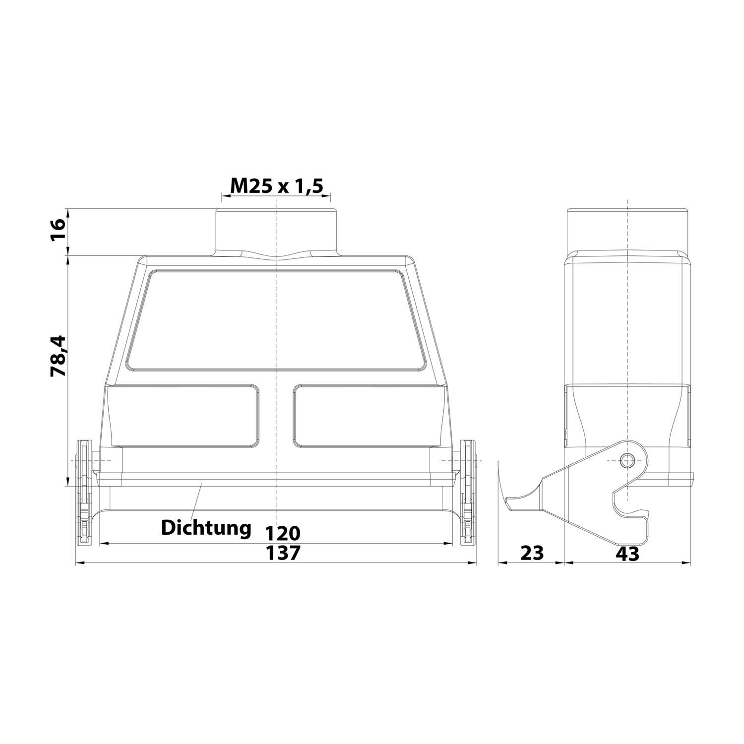 05300240764 HARTING Han 24B Kupplungsgehäuse hoch, 1xM25 gerader Kabelabgang, mit 1 Längsbügel Verschraubung M25