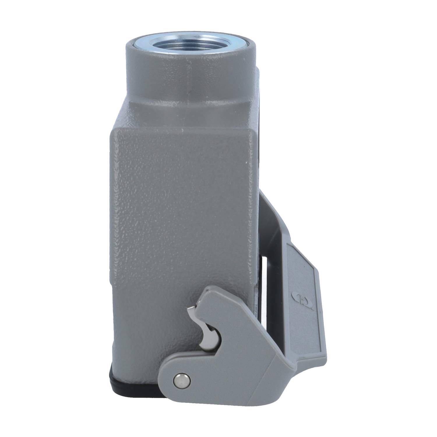 Ein grauer, metallischer industrieller Anschlussgehäuse mit einem robusten Hebel für eine sichere Befestigung, der vertical auf einer flachen Oberfläche steht.