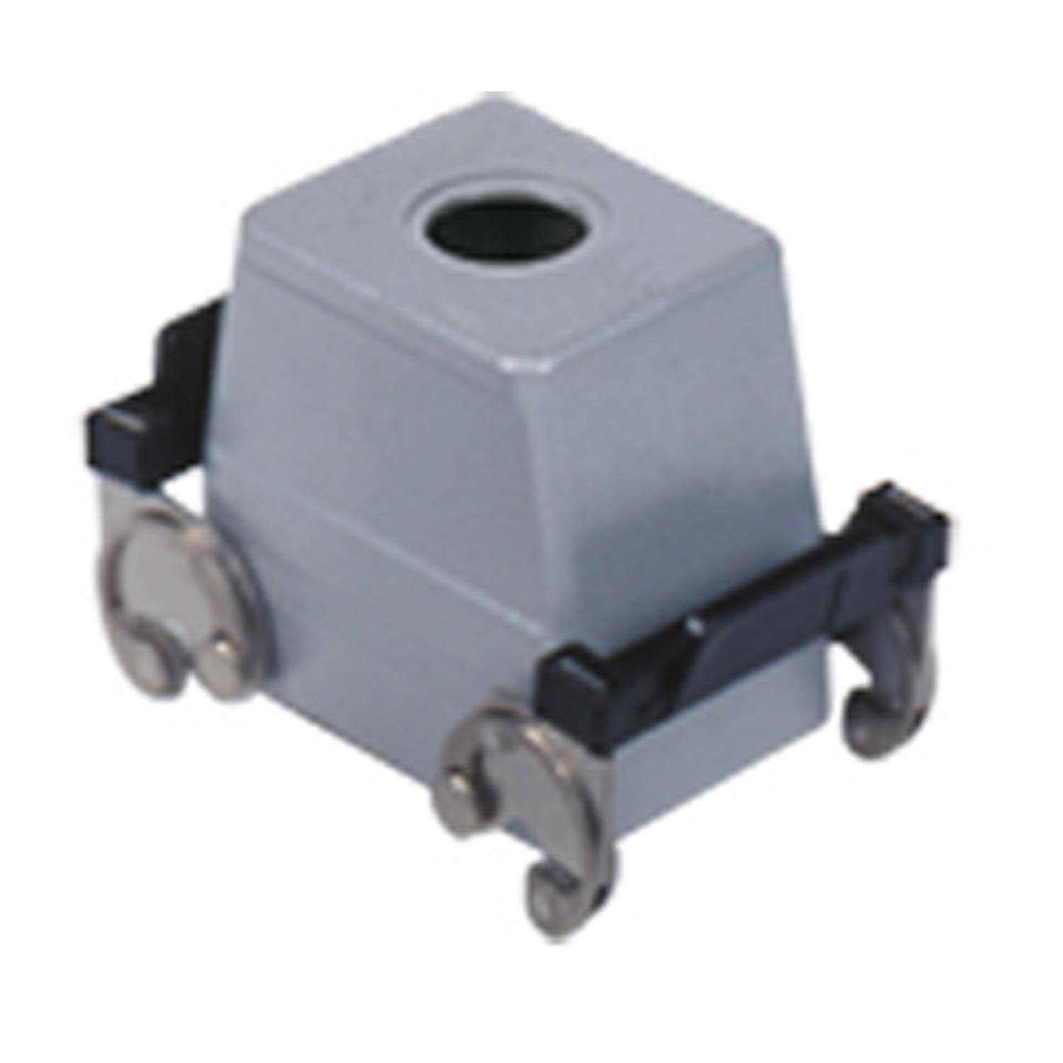 Eine elektronische Komponente mit einem quadratischen metallischen Gehäuse, das eine Öffnung oben und seitliche Anschlüsse aufweist, möglicherweise ein Sensor oder Schalter.