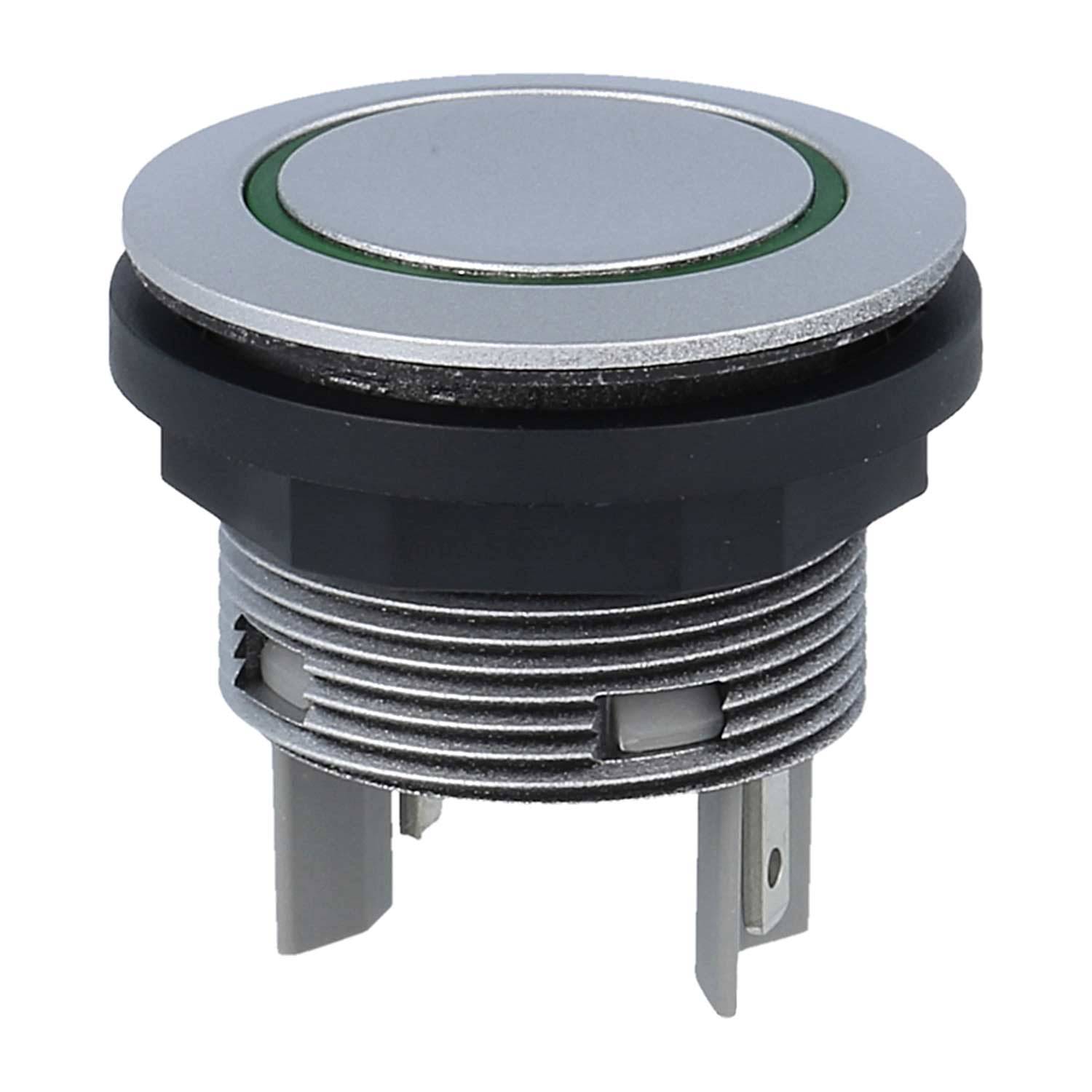 Eine Nahaufnahme eines metallischen Drucktaster-Schalters mit einem grünen Signalring. Der Schalter hat einen geschraubten Körper und zwei Metallanschlüsse für Verbindungen.