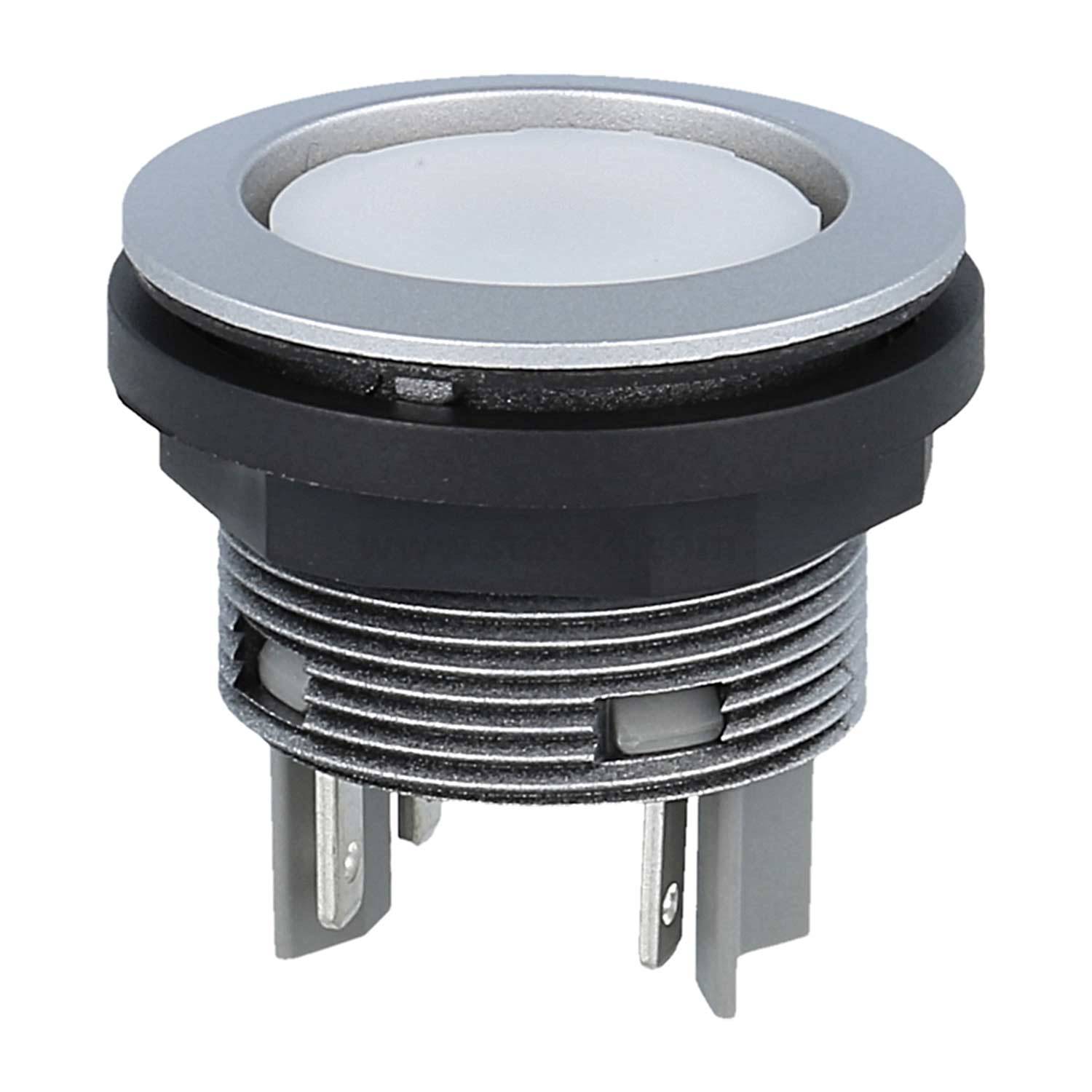 Ein runder Drucktaster in Schwarz und Silber mit Metallanschlüssen, die von der Unterseite abstehen, geeignet für elektronische Geräte.