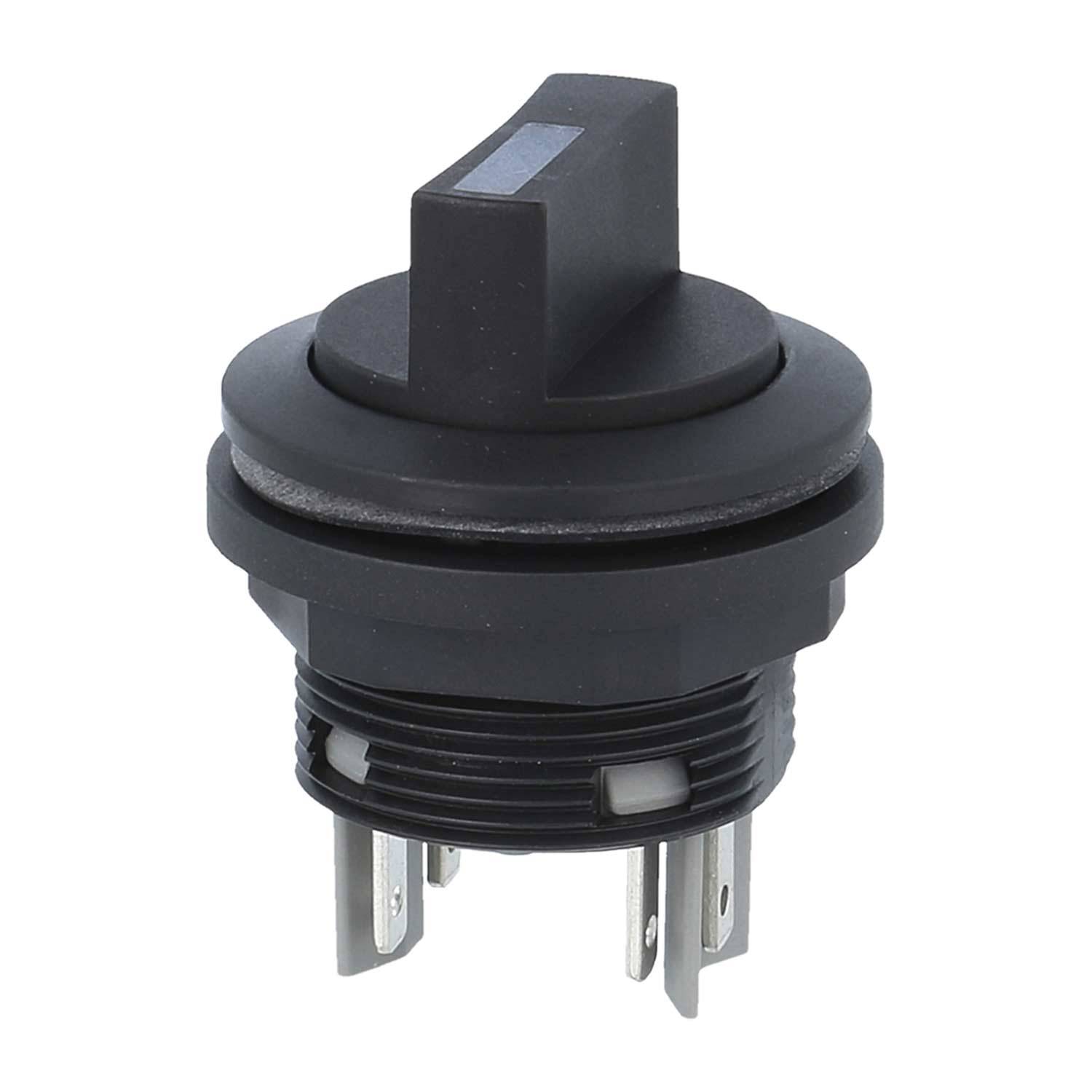 Ein schwarzer Drehschalter mit einem flachen, rechteckigen Griff und vier Metallzacken. Verwendet für die Paneelmontage in der Elektronik oder bei Haushaltsgeräten.