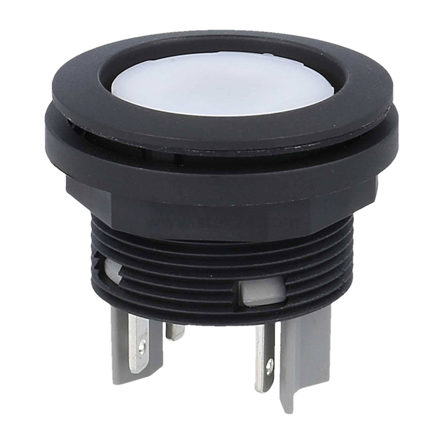 Ein schwarzer und weißer runder Druckschalter mit drei Metallstiften, der für den Einbau in ein elektronisches Gerät konzipiert ist.