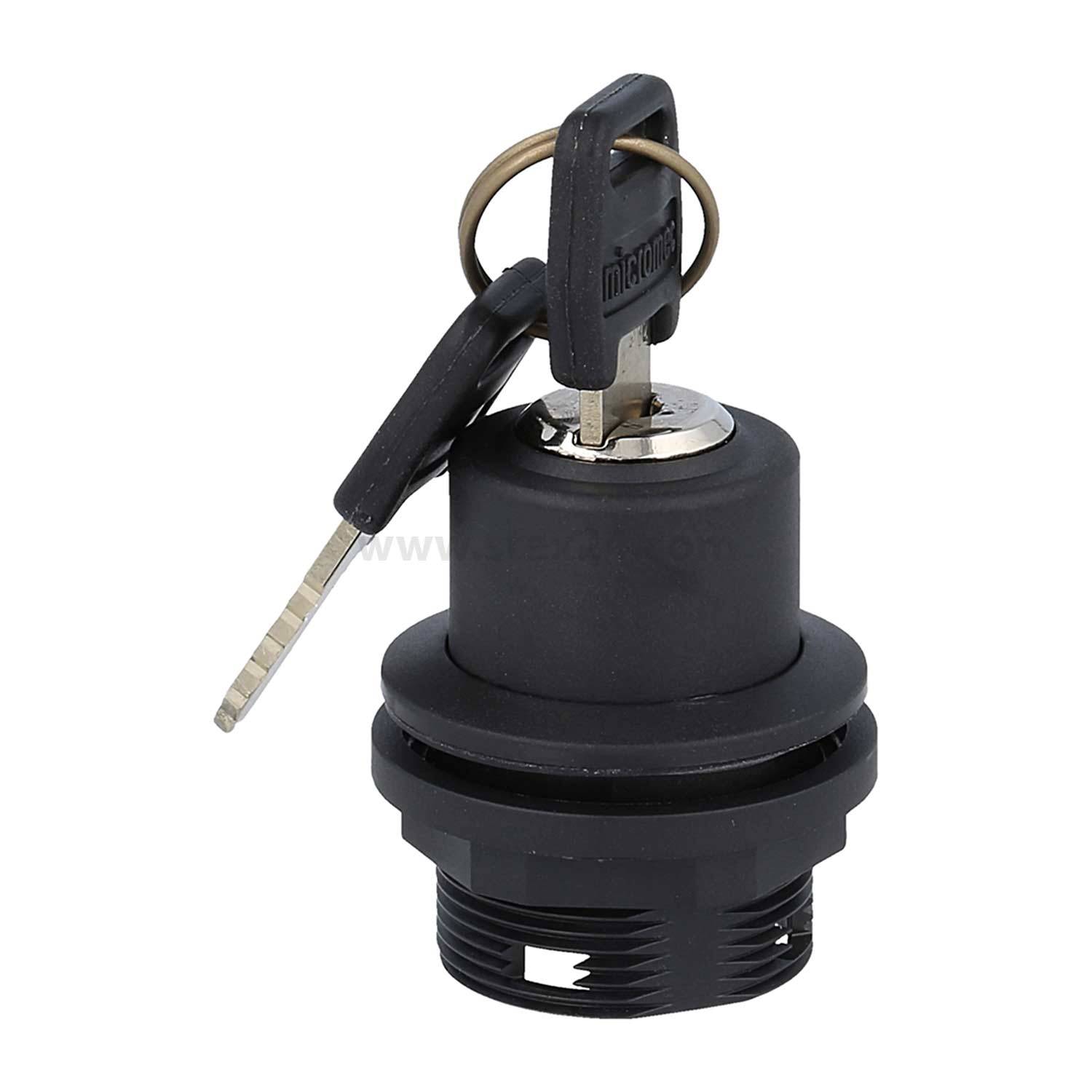 Ein schwarzer zylindrischer Schlüsselschalter mit zwei eingesteckten Schlüsseln, der einen mechanischen Verschließmechanismus für Sicherheitsanwendungen präsentiert.