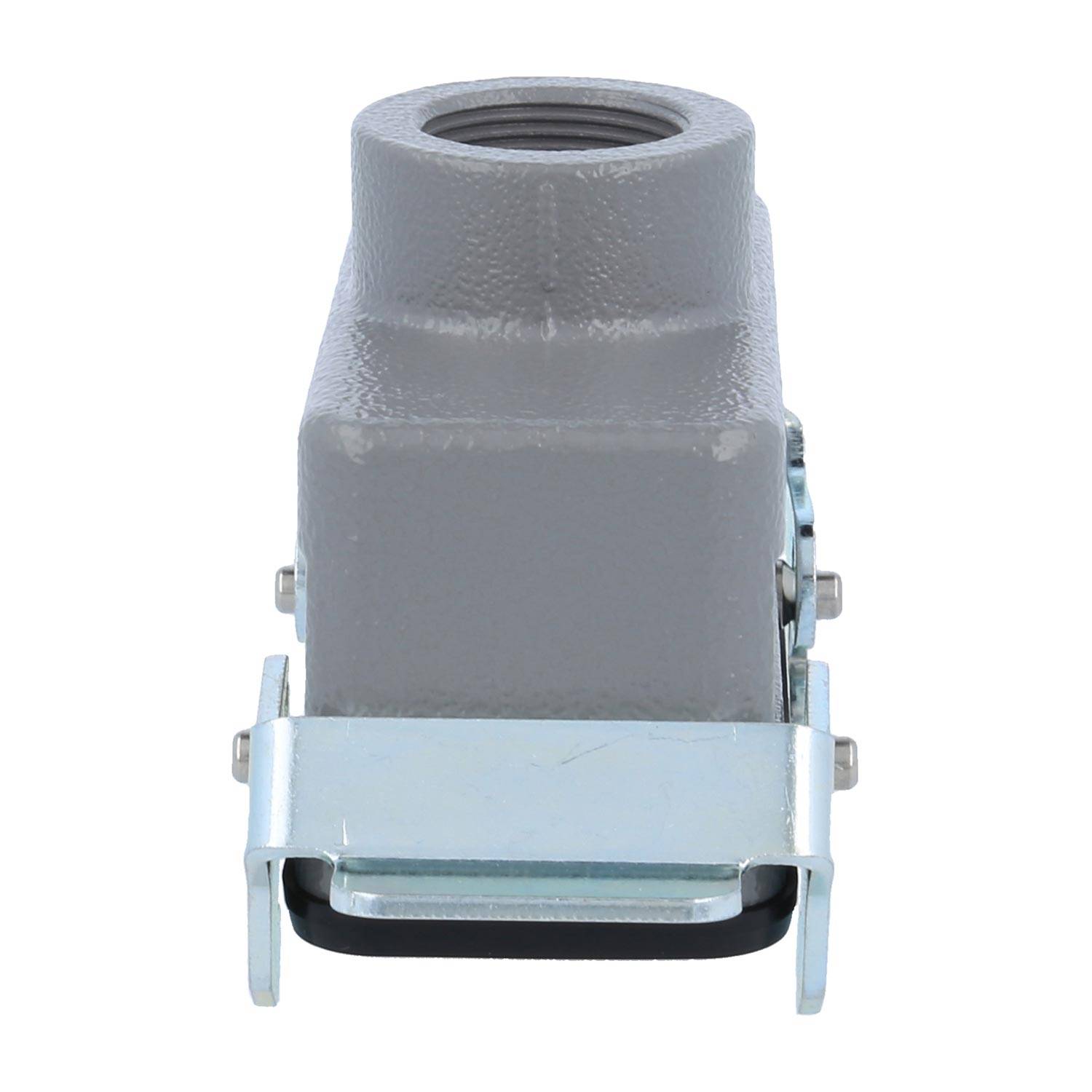 Frontansicht eines grauen industriellen Steckergehäuses mit Metallverriegelungen an den Seiten.