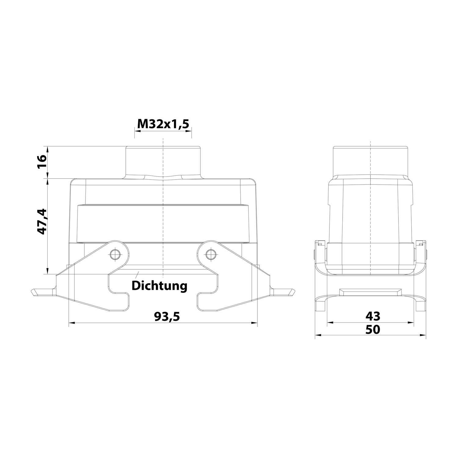 Eine technische Zeichnung eines Ventils mit Abmessungen. Die Breite beträgt 93,5 mm und die Höhe 47,4 mm. Obere Anschluss mit 'M32x1,5' gekennzeichnet.