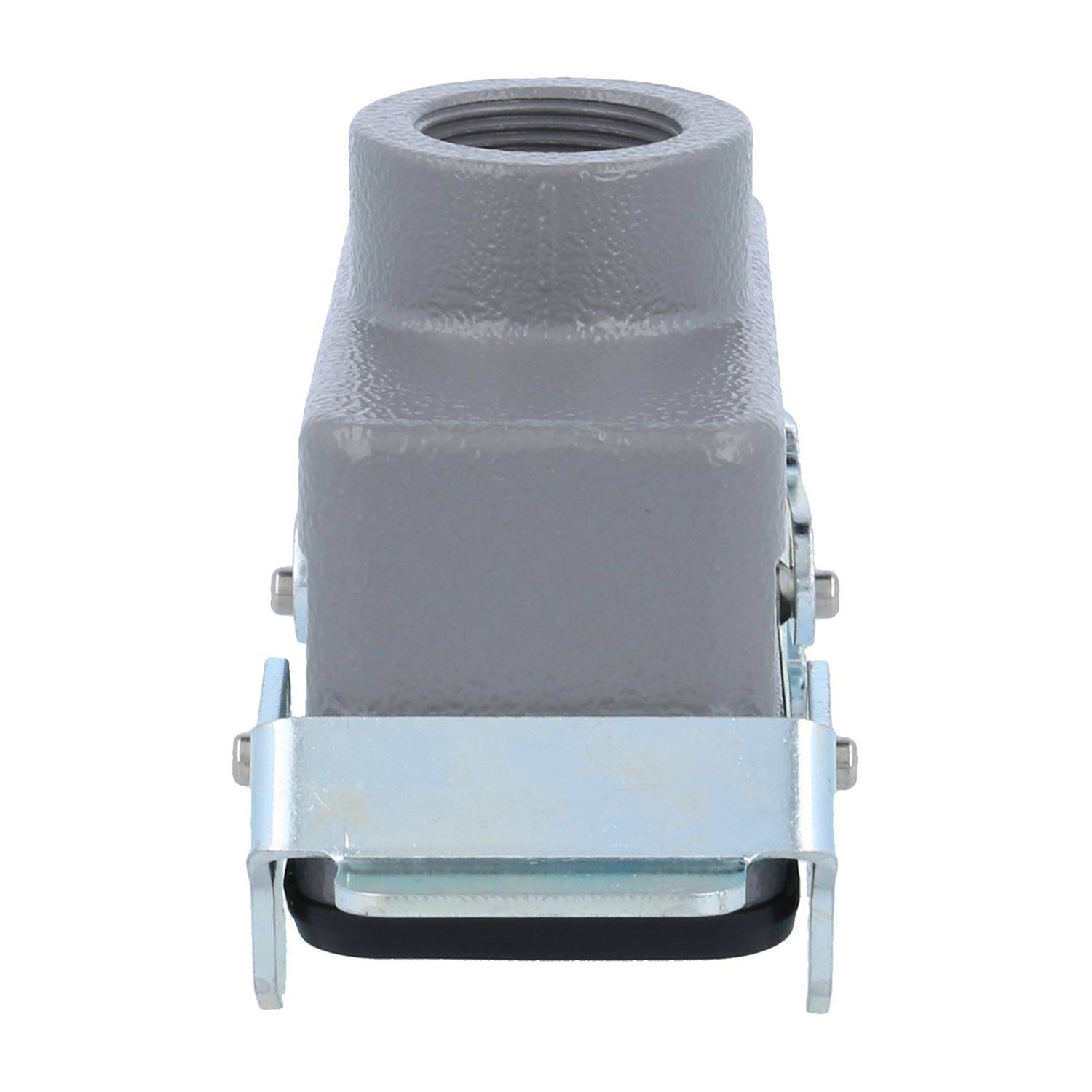 Ein grauer industrieller Anschlussgehäuse mit einem Gewinde oben zum Befestigen des Kabels. Ausgestattet mit Metallklemmen für eine stabile Befestigung.