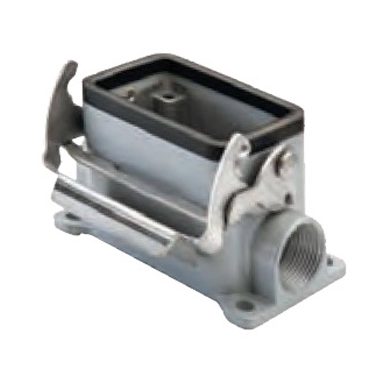 Anschlussgehäuse mit rechteckiger Form, Metallverriegelungen an den Seiten und einem Gewindeloch für Verkabelung, verwendet in industriellen Anwendungen.