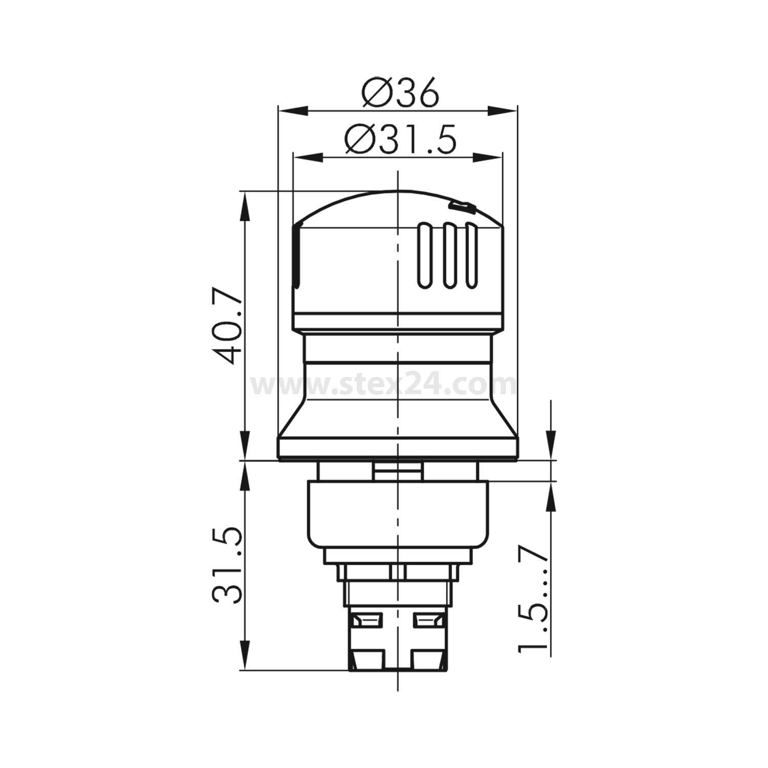 Technische Zeichnung einer zylindrischen elektronischen Komponente mit markierten Abmessungen: oberer Durchmesser Ø36, Mittelsegment Ø31,5, Höhe 40,7 mm, unteres Segment 31,5 mm.