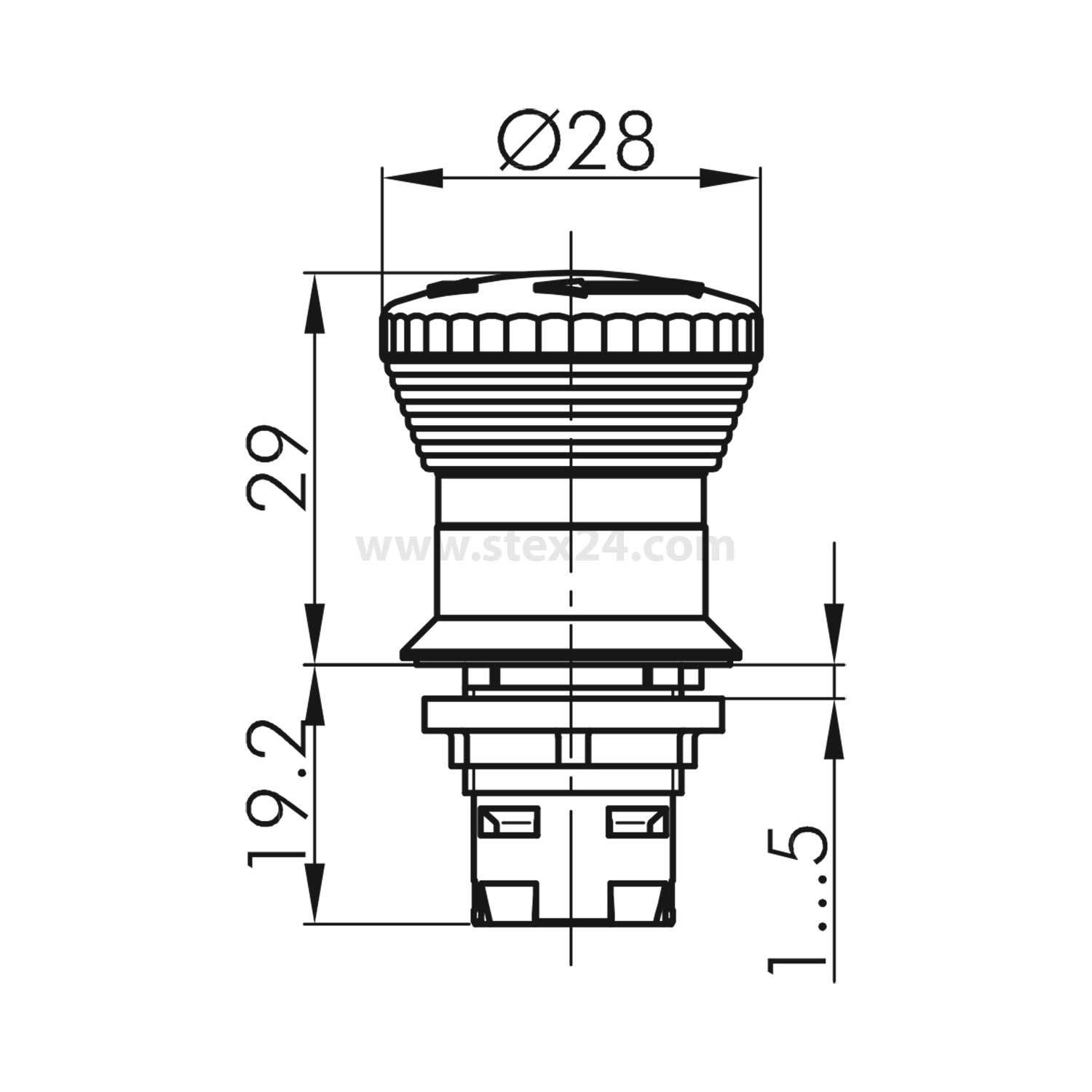 Technische Zeichnung eines zylindrischen Objekts mit einem Durchmesser von 28 mm und einer Höhe von 29 mm, ausgestattet mit mehreren Abschnitten und präzisen Maßangaben.