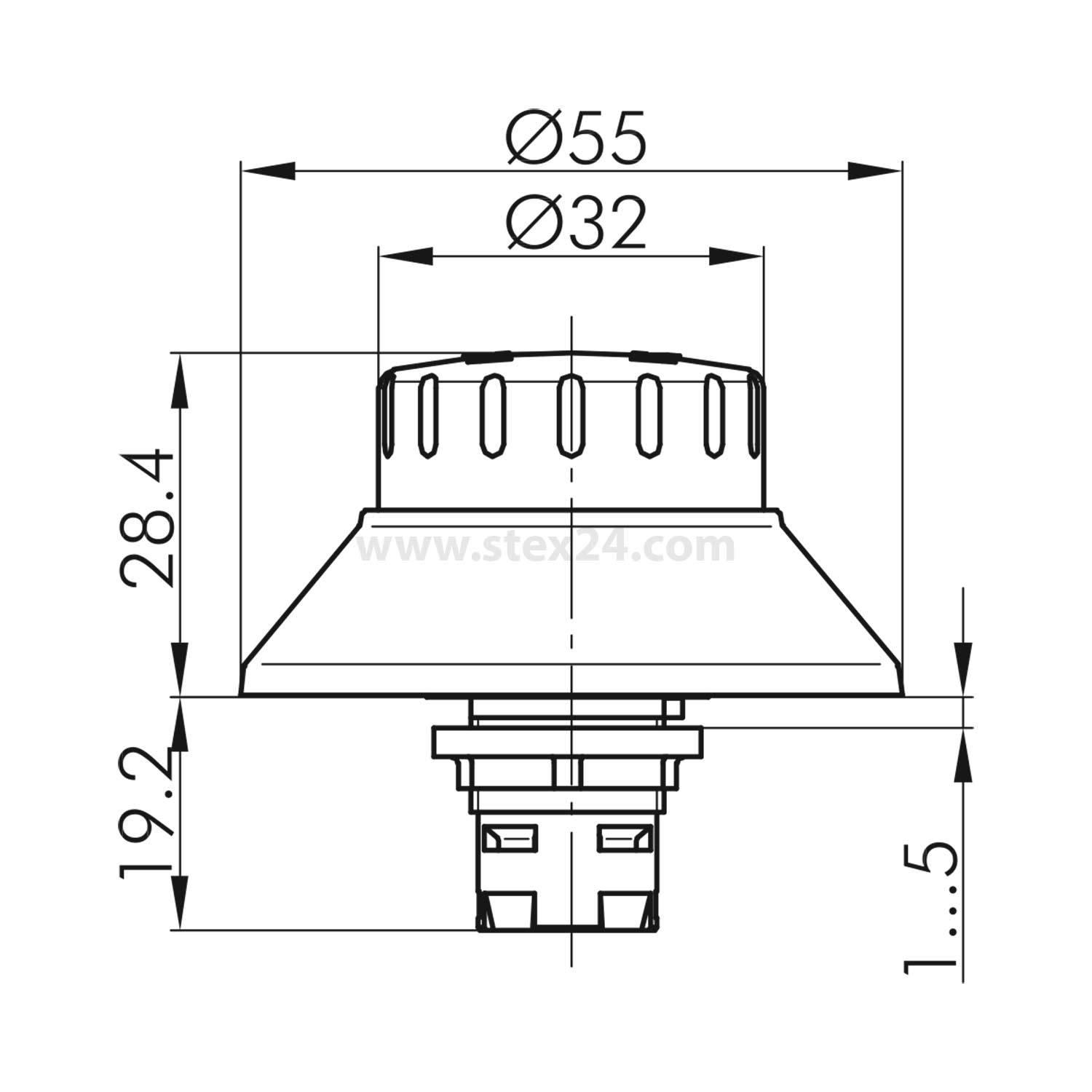 Technische Zeichnung einer zylindrischen Komponente mit Abmessungen: Durchmesser von 55 und 32 Einheiten, Höhe 28,4 und 19,2 Einheiten, mit einem verstellbaren Abschnitt, gekennzeichnet von 1 bis 5.
