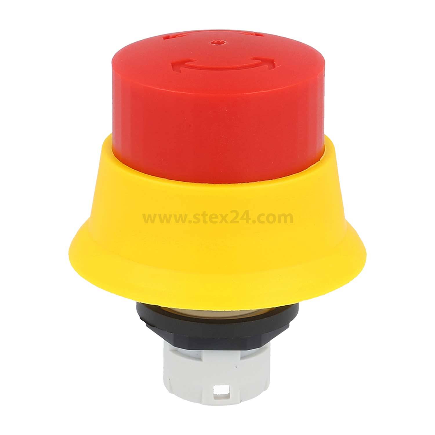 Ein roter Notaus-Schalter mit einer gelben Basis, der in industriellen Umgebungen zur Sicherheit verwendet wird, um Maschinen oder Prozesse sofort zu stoppen.