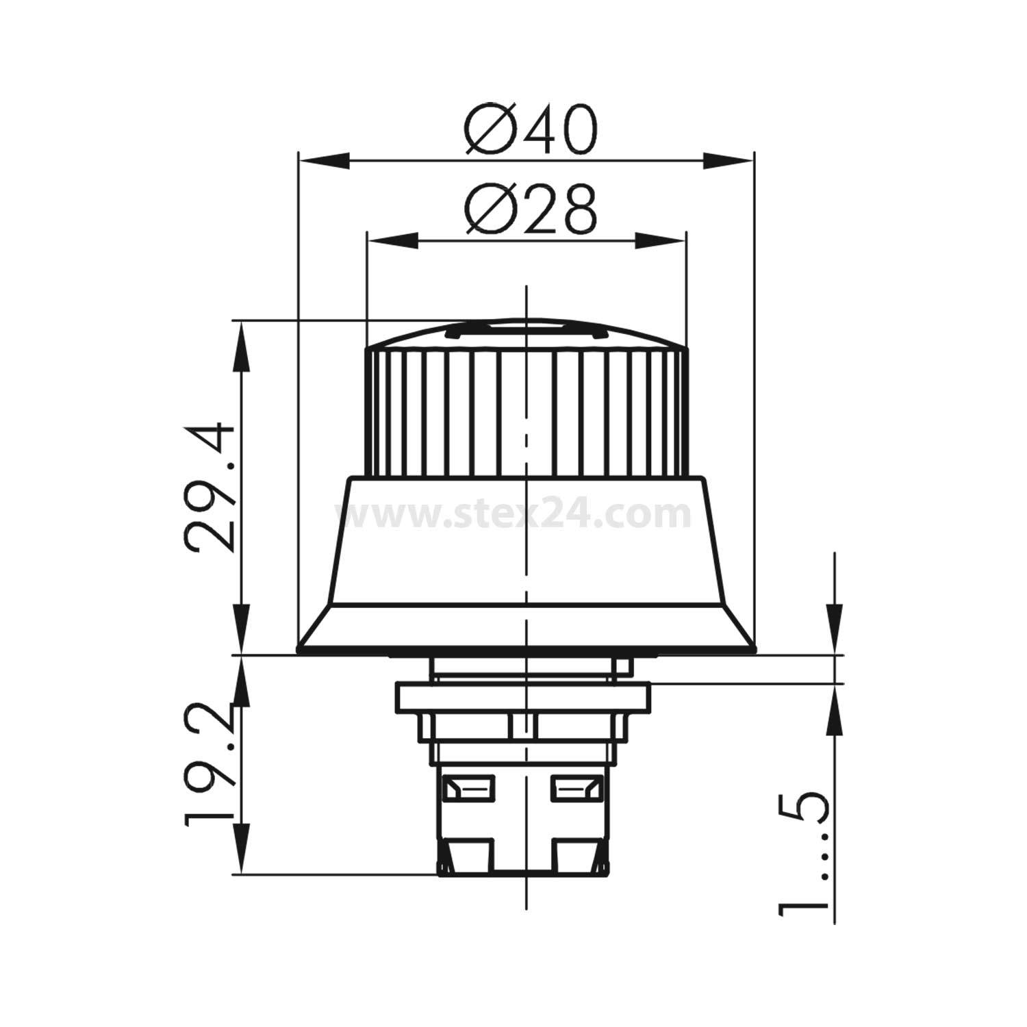 Eine technische Zeichnung eines Buttons mit zylindrischer Gestaltung, mit folgenden Abmessungen: Durchmesser 40 mm und 28 mm, Höhe 29,4 mm und 19,2 mm.