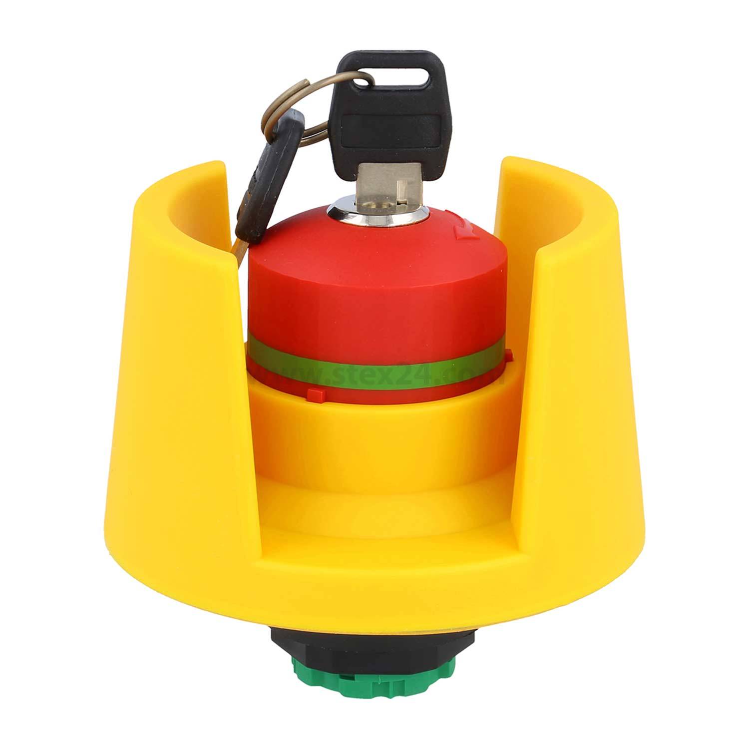 Ein gelb-rotes Sicherheitsgerät mit einem Schlüssel, der an der Oberseite eingesetzt ist und für die Sicherung von Maschinen oder Ausrüstungen entwickelt wurde.