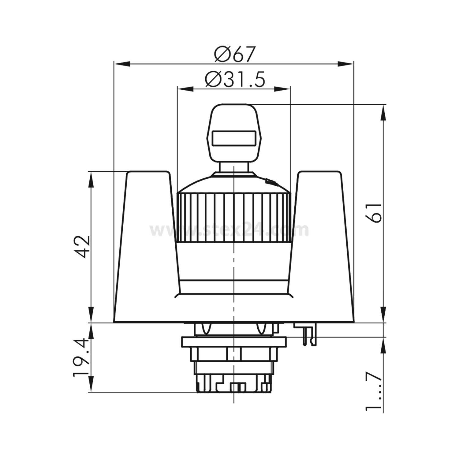 Technische Zeichnung eines zylindrischen Objekts mit Abmessungen: 67 mm und 31,5 mm Durchmesser, 61 mm Höhe. Enthält beschriftete Schnittansichten.