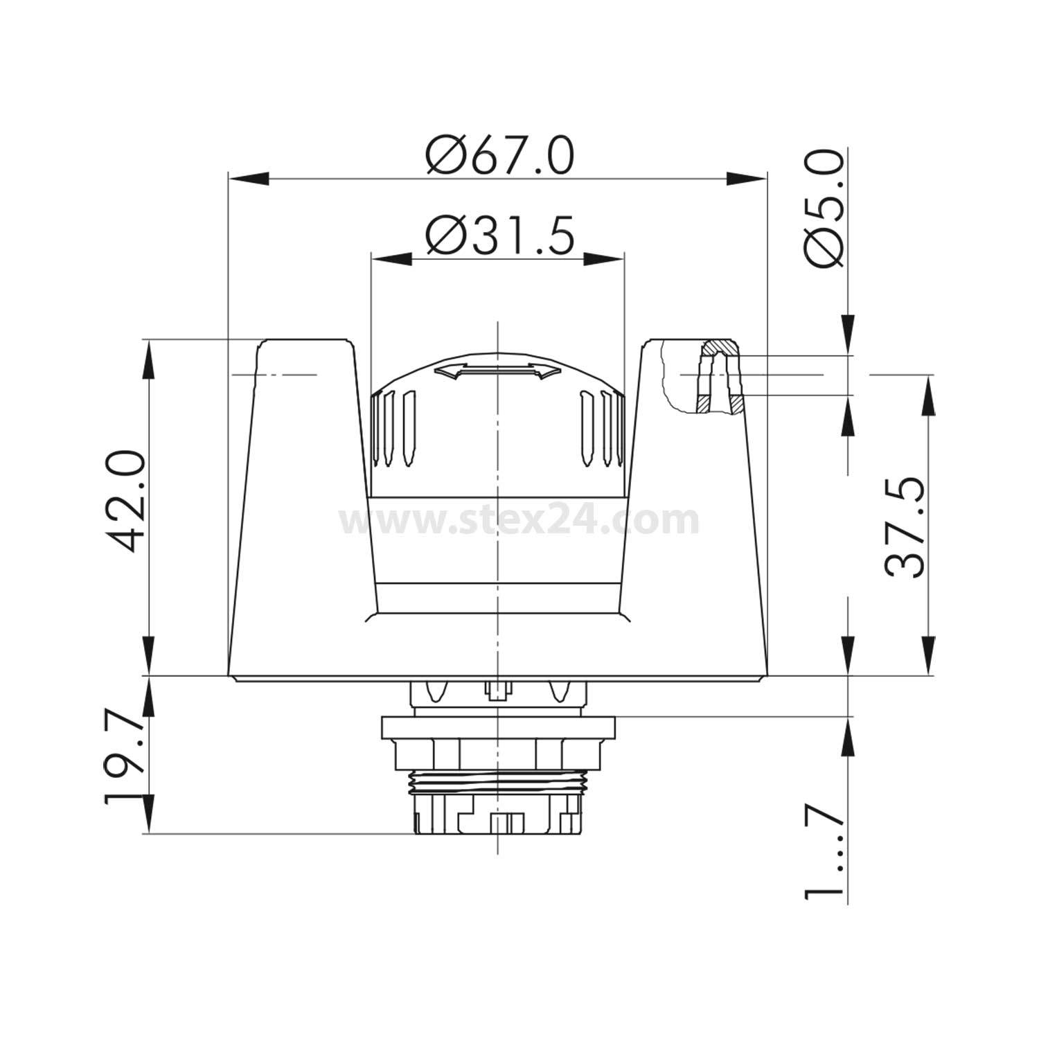 Technische Zeichnung mit Abmessungen einer kreisförmigen Komponente. Maße umfassen Ø67,0, Ø31,5, Ø5,0, Höhe 42,0, 37,5 und weitere.