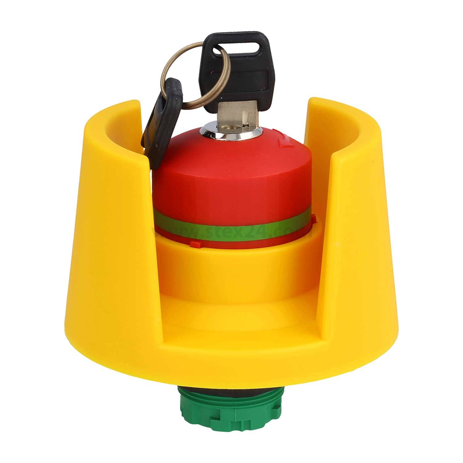 Gelber Notaus-Schalter mit rotem Zentrum und angebrachtem schwarzen Schlüssel oben