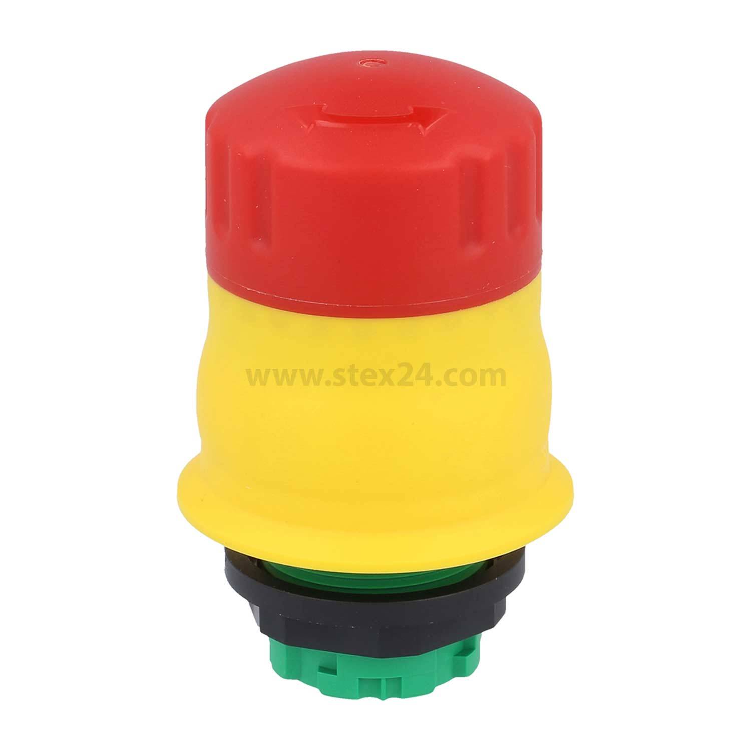 Ein roter und gelber Notaus-Knopf, der zur Sicherheit an Maschinen oder Ausrüstung verwendet wird, mit einer grün-schwarzen Basis.