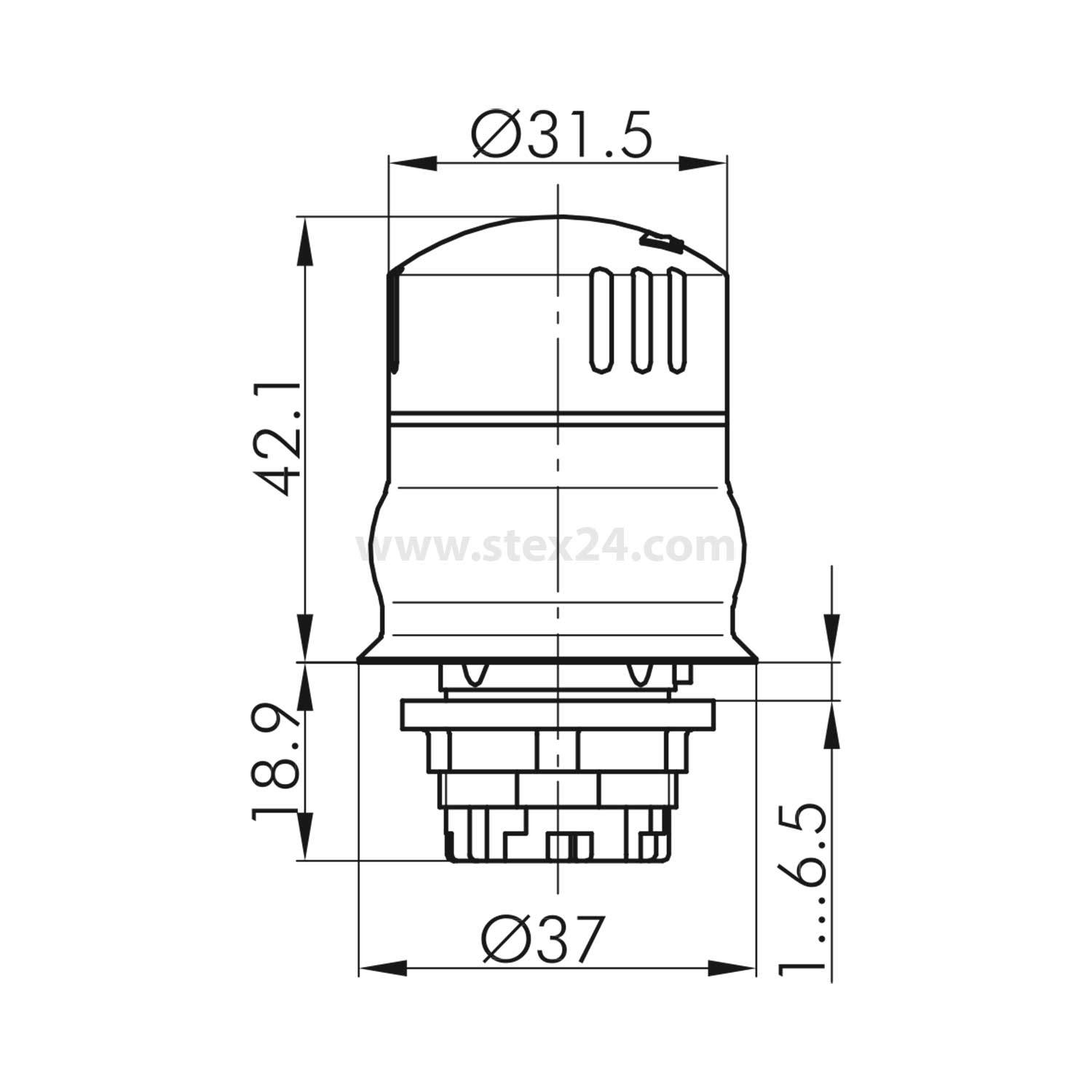 Eine technische Zeichnung einer zylindrischen Komponente mit Abmessungen: 31,5 mm Durchmesser, 42,1 mm Höhe, Basisdurchmesser 37 mm und zusätzliche Höhe 18,9 mm.