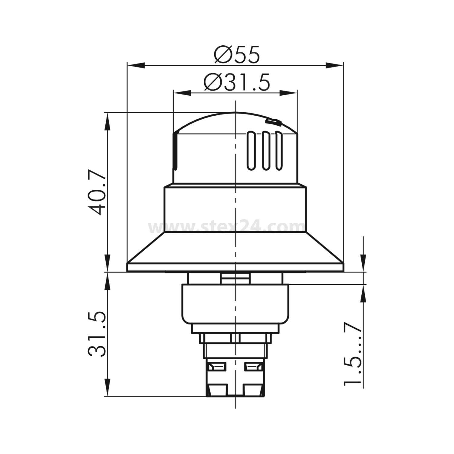 Technische Zeichnung eines zylindrischen Objekts mit gewölbtem Deckel, Basisdurchmesser 55 mm, Höhe 40,7 mm, Basismanschette 31,5 mm.