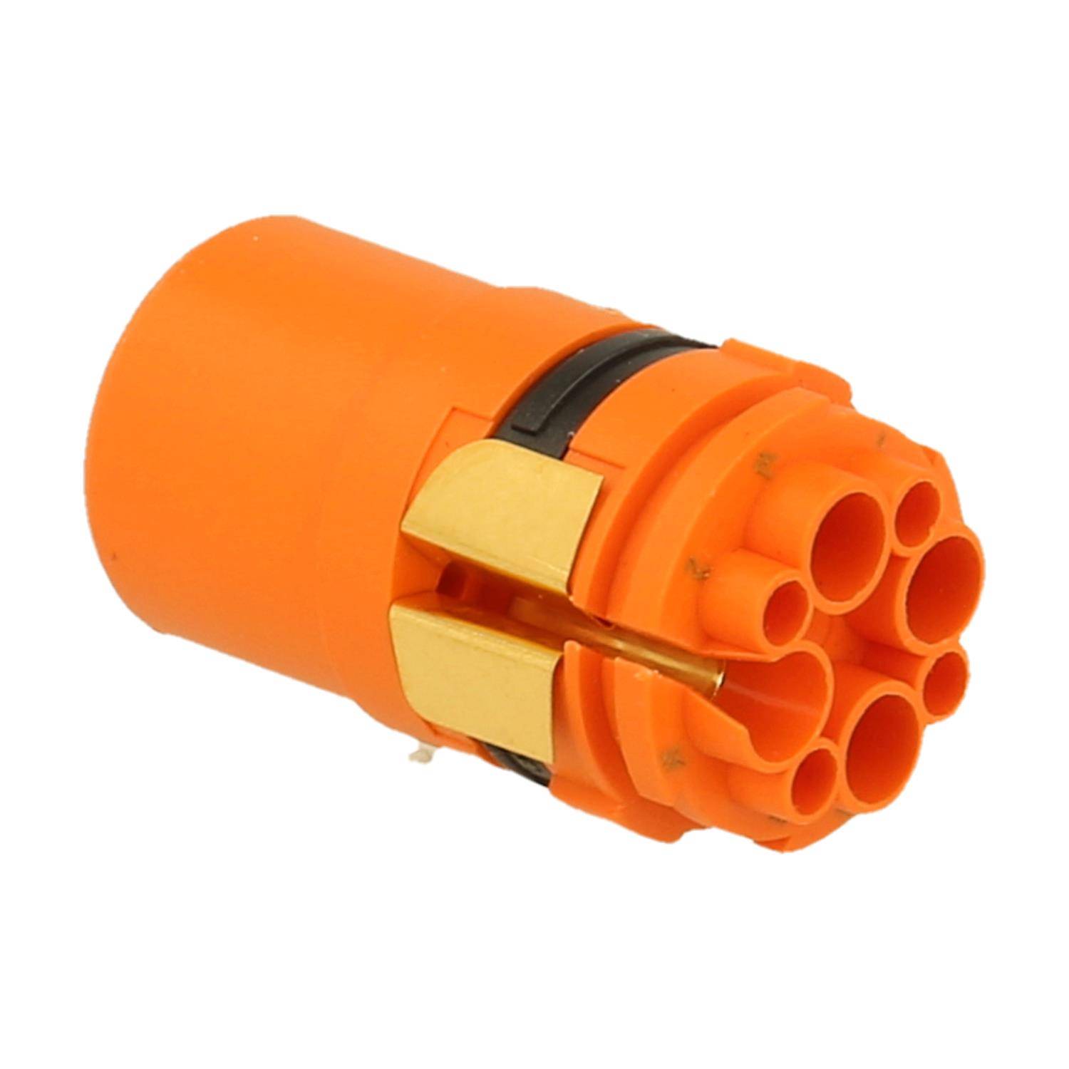 Ein orangefarbener industrieller Anschluss mit mehreren Buchsen und goldenen Kontakten, wahrscheinlich für elektrische oder Datenverbindungen verwendet.