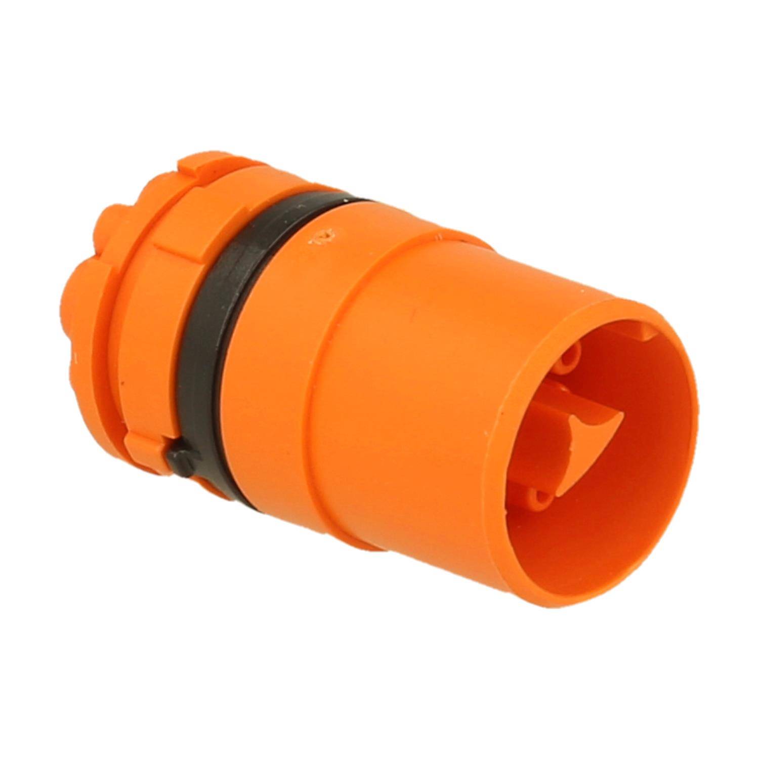Ein orangefarbener industrieller Verbindungsstecker mit einer kreisförmigen Gestaltung und einem schwarzen Ring nahe der Basis, der für elektrische oder mechanische Verbindungen verwendet wird.