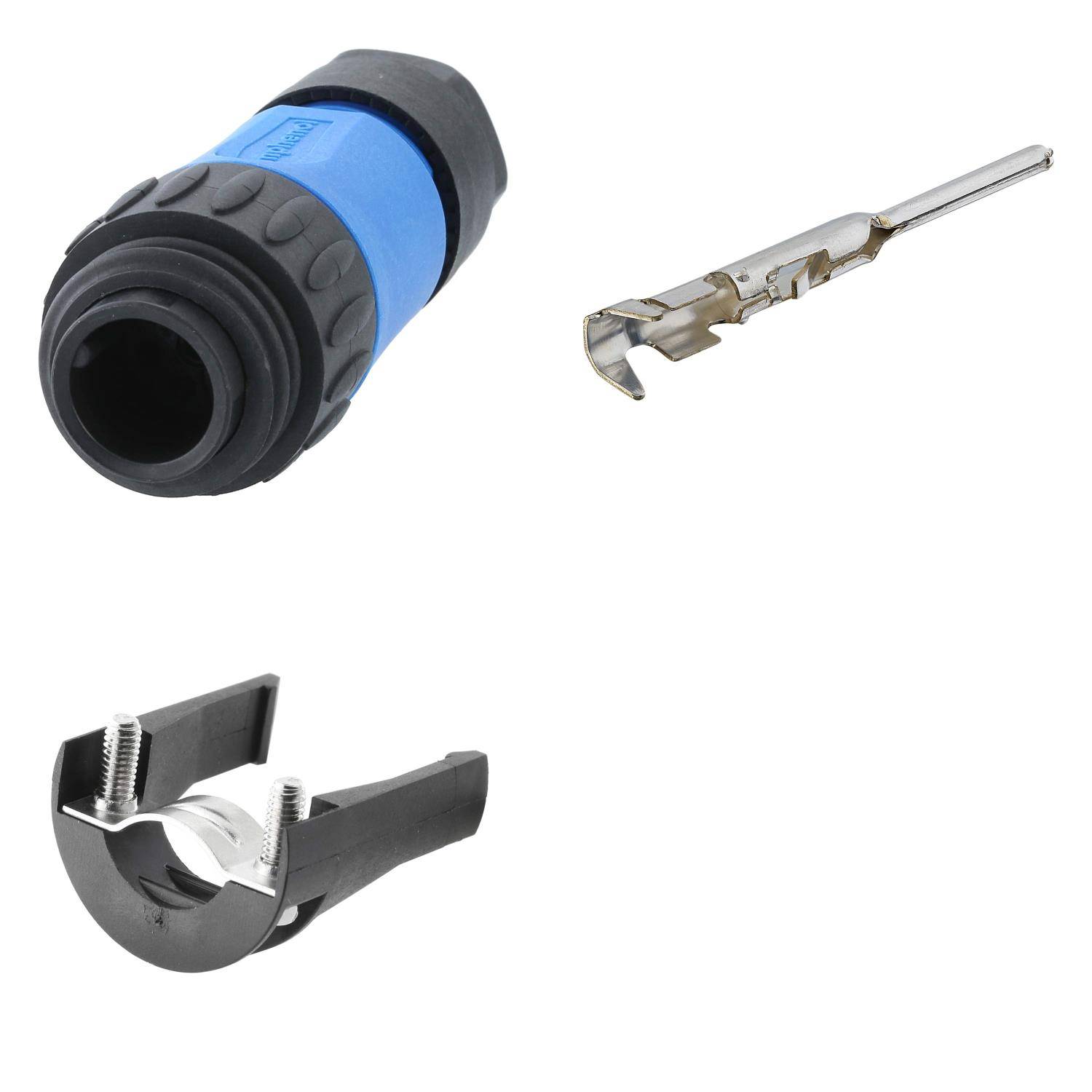 Ein gerader Kabelabisolierer und eine Kabelschere werden über einem schwarzen und blauen Kabelstecker dargestellt, die essentielle Werkzeuge für die Kabelherstellung zeigen.