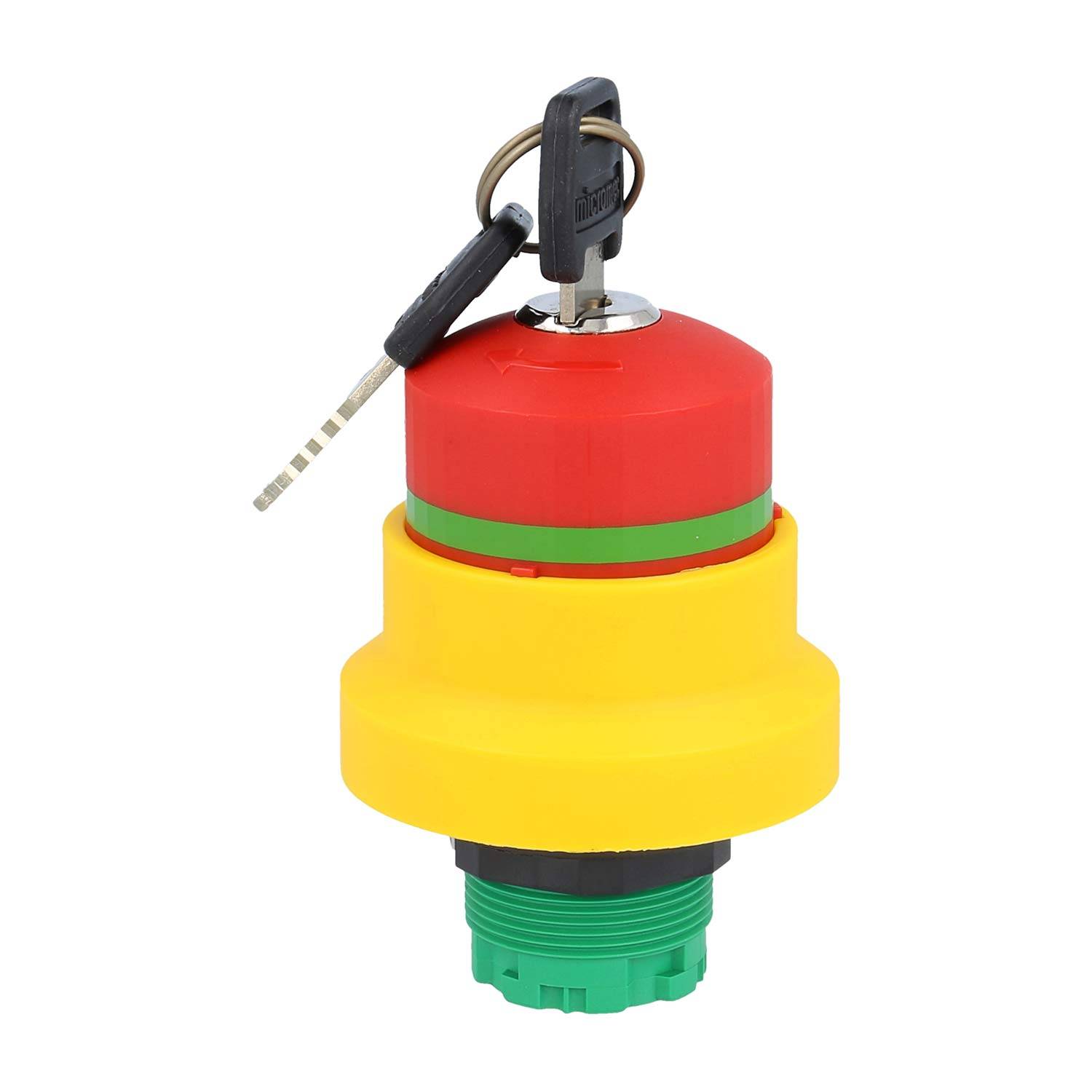 Ein roter Not-Aus-Knopf, der in einem gelben Gehäuse eingebettet ist und mit einem Schlüsselschließmechanismus auf der Oberseite ausgestattet ist und für Sicherheitskontrollsysteme verwendet wird.