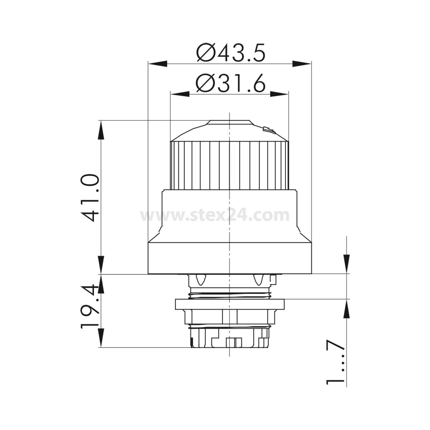 Eine technische Zeichnung eines Schalters oder Tasters mit folgenden Abmessungen: 43,5 mm Durchmesser, 31,6 mm Innendurchmesser, 41 mm Höhe, gekennzeichnet als 1...7.