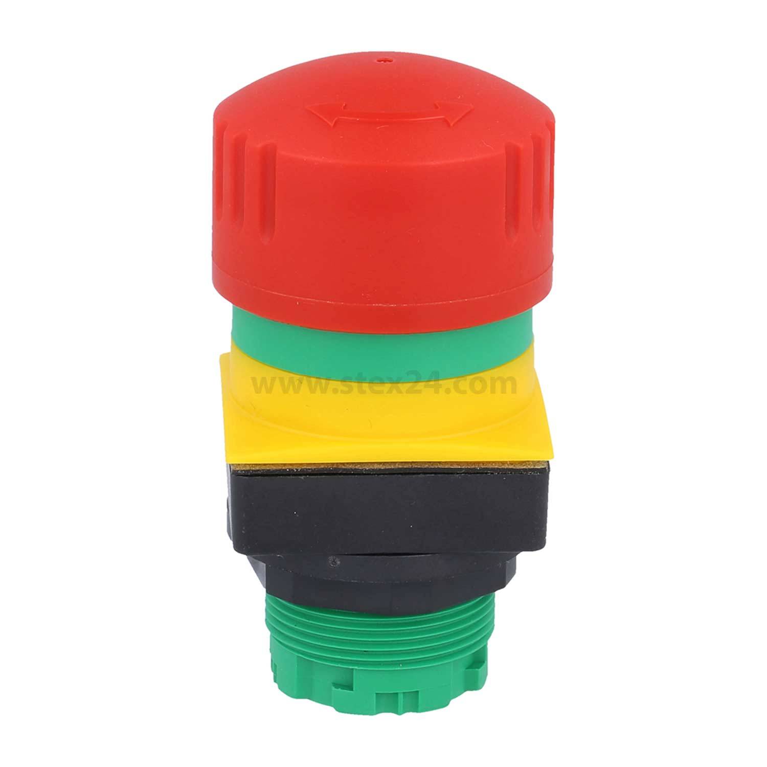 Ein roter Not-Aus-Knopf mit einer gelben Basis und grünem Anschluss, der zur schnellen Abschaltung von Maschinen zu Sicherheitszwecken verwendet wird.