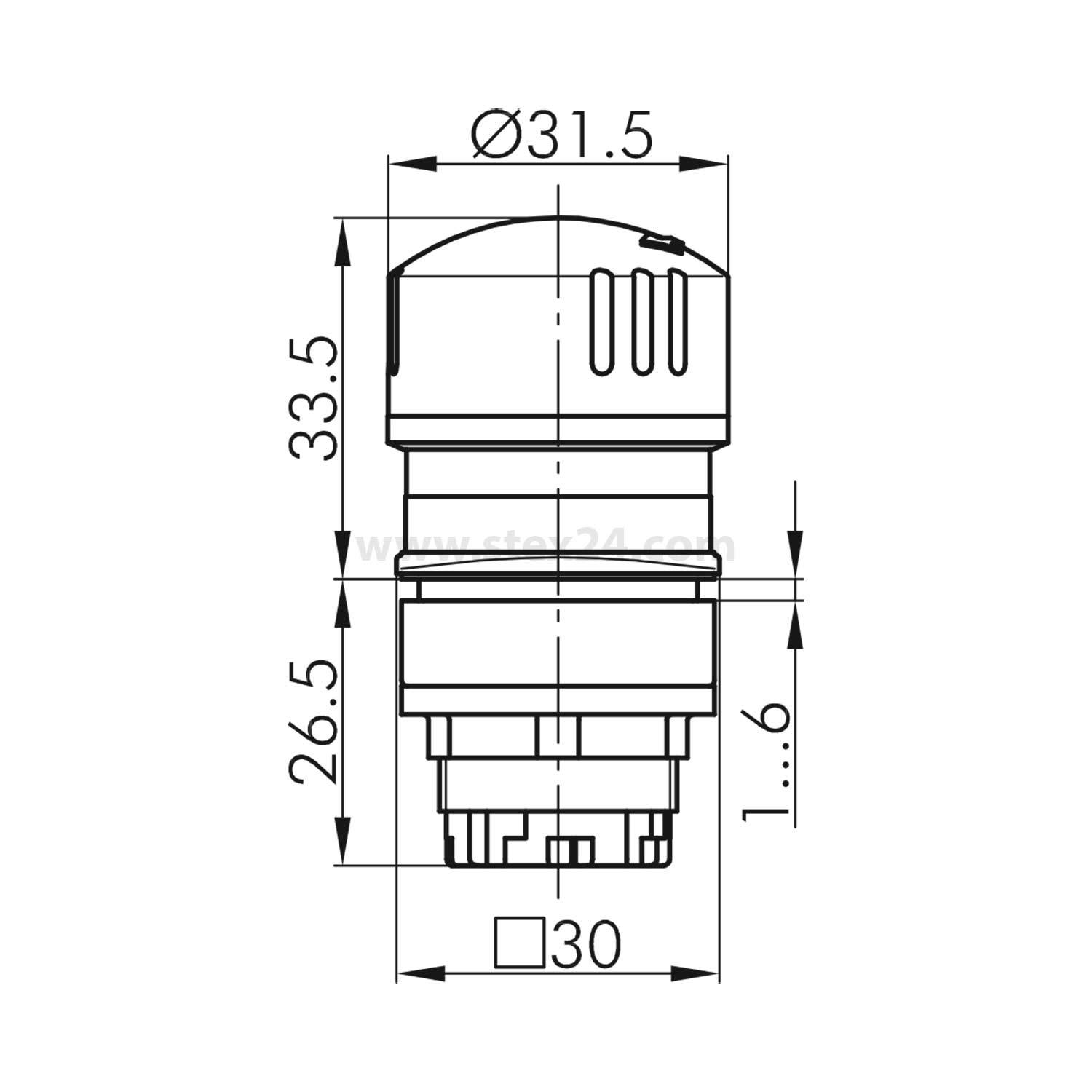 Technische Zeichnung einer zylindrischen Komponente mit Abmessungen: 31,5 mm Durchmesser, 33,5 mm Höhe und 30 mm Basis.