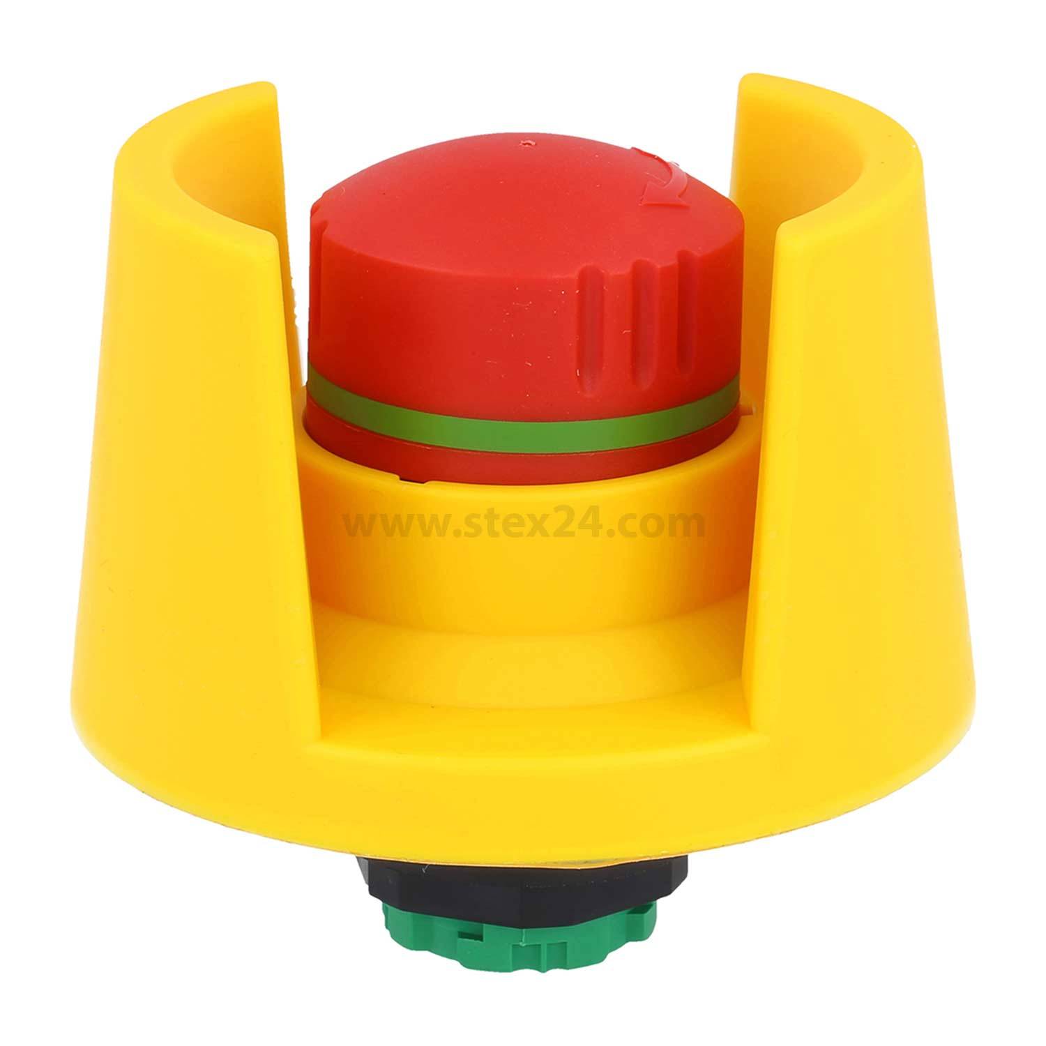 Ein roter Notaus-Knopf, umgeben von einem gelben Schutzschild auf einer Maschinentafel, der zu Sicherheitszwecken verwendet wird.