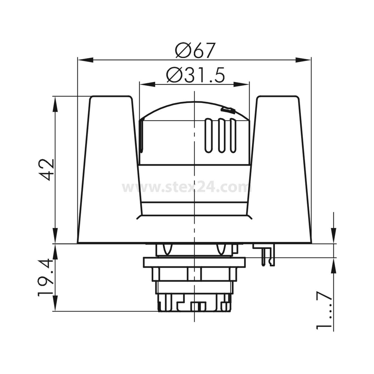 Technische Zeichnung eines Rotationsschalterknopfes. Abmessungen: 67 mm Durchmesser, 31,5 mm Innendurchmesser, 42 mm Höhe. Seitenansichtsprofil.