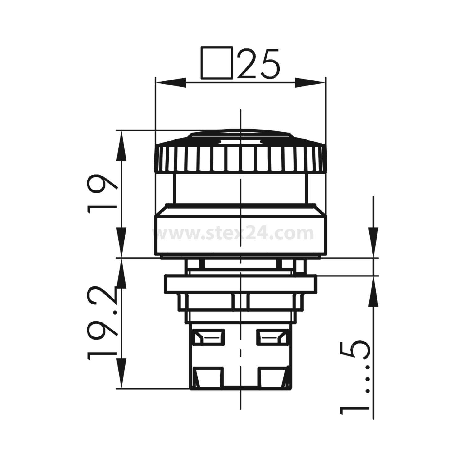 Technische Zeichnung eines runden Drucktasters mit Abmessungen: Breite 25 mm, Höhe 19 mm und Tiefe von 19,2 mm ohne Anschlussgehäuse.