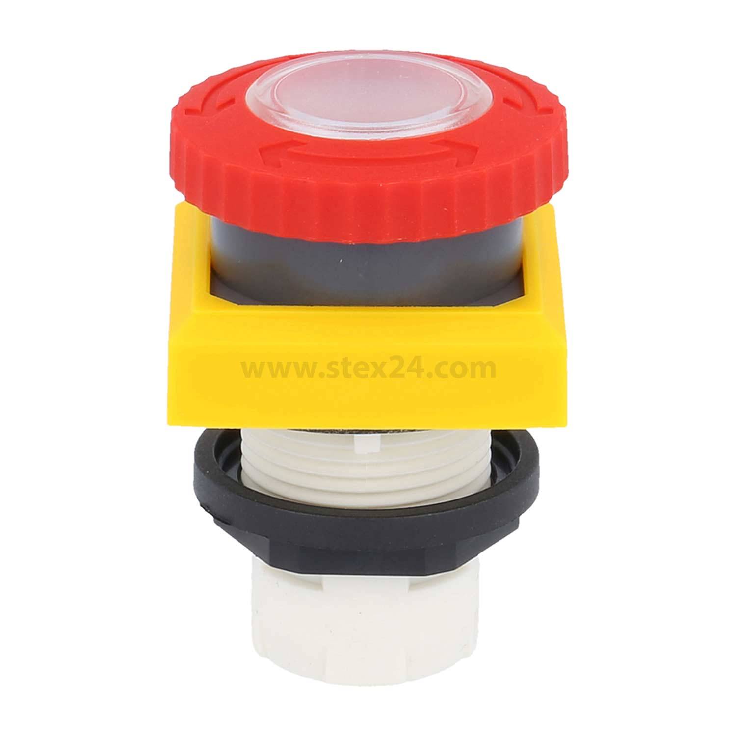 Not-Aus-Schalter mit roter Kappe und gelbem Sockel, der für Sicherheitssteuerungen an Maschinen oder Geräten verwendet wird.