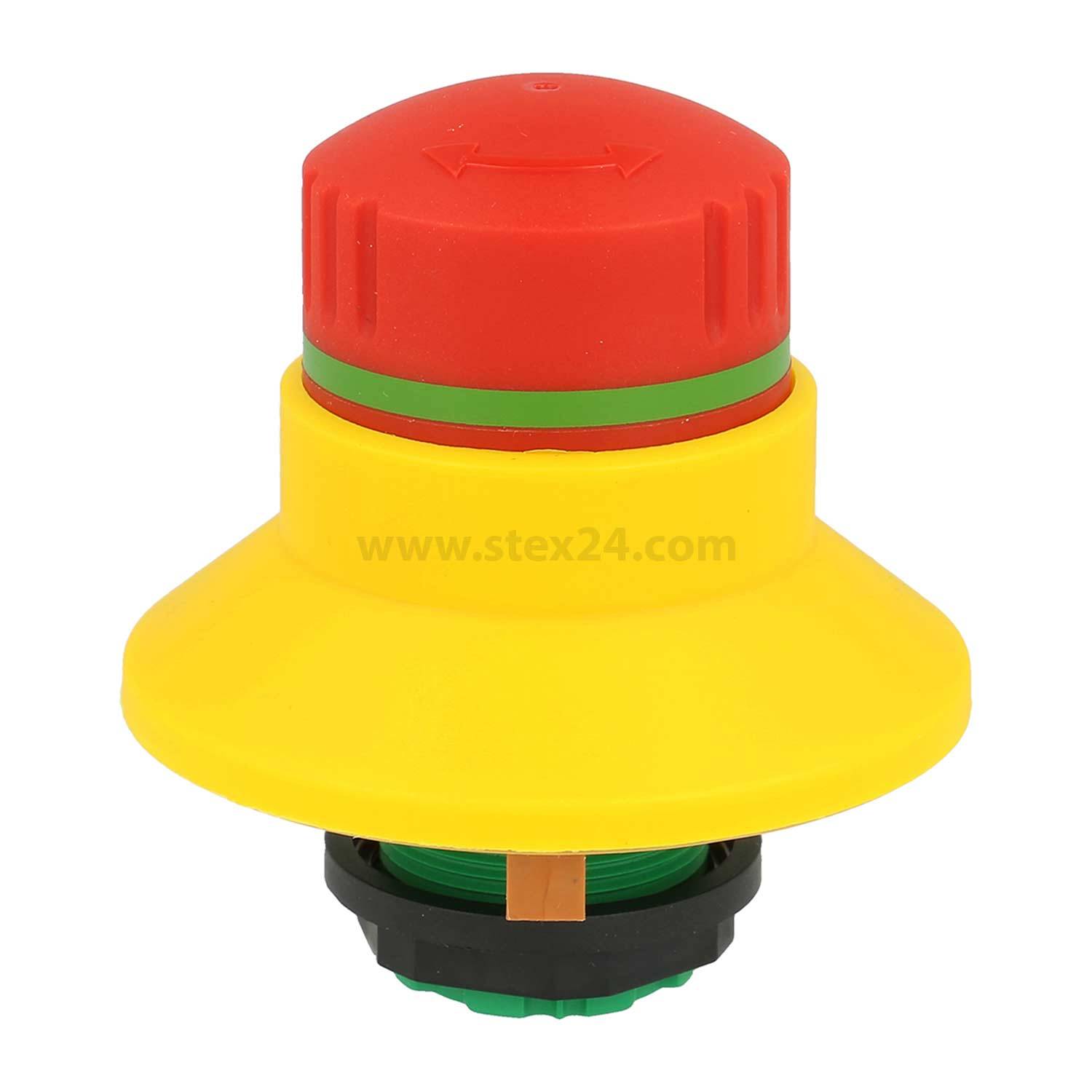 Ein roter Notaus-Knopf mit einer gelben Basis, der üblicherweise zur Sicherheit an Maschinen und Geräten verwendet wird, um Betriebsabläufe schnell zu stoppen.