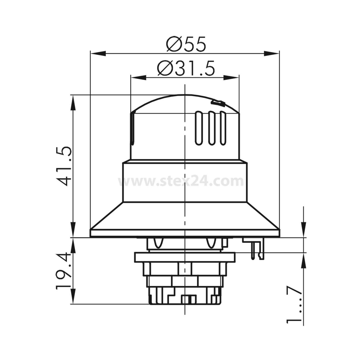 Technische Zeichnung einer elektronischen Komponente mit Maßen: Durchmesser 55 mm, Höhe 41,5 mm, kleinerer Durchmesser 31,5 mm.
