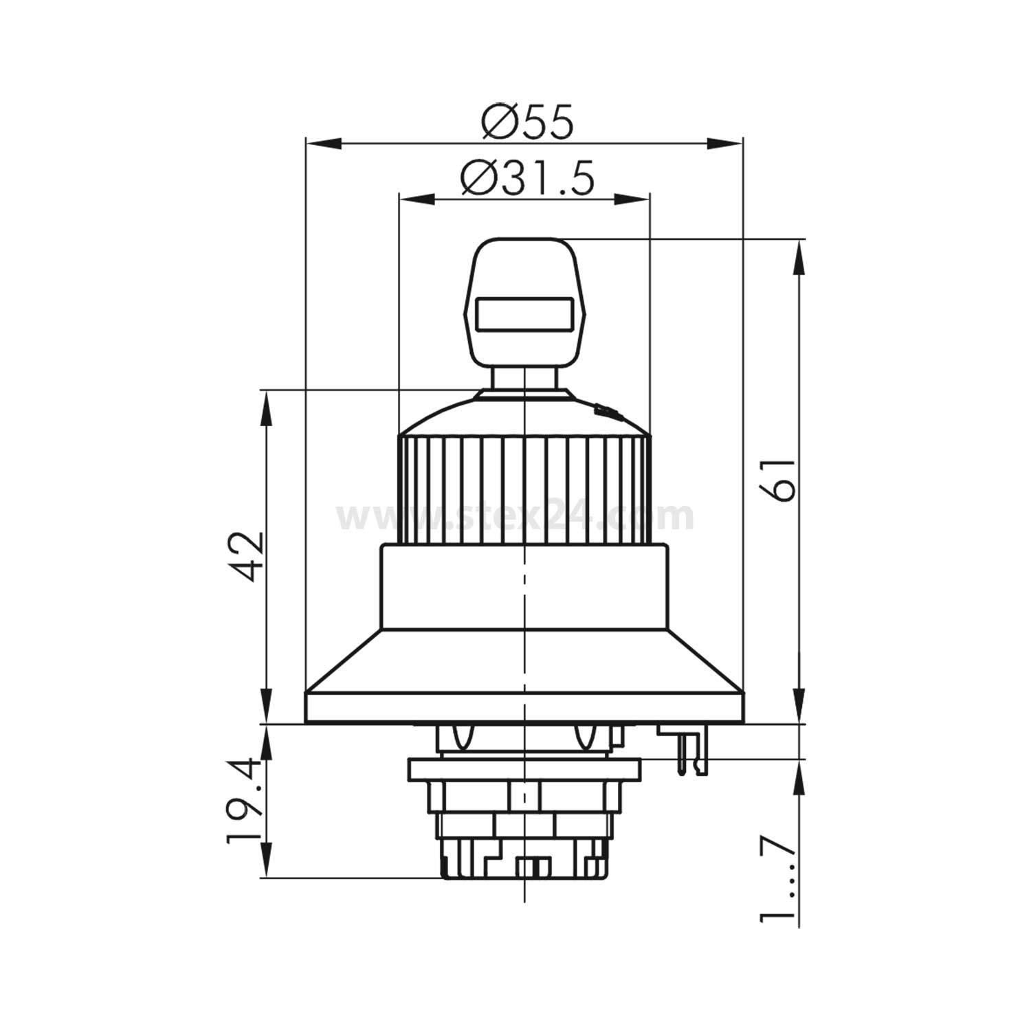 Technische Zeichnung eines Knopfes mit Abmessungen: Gesamthöhe 61 mm, Durchmesser 55 mm. Zeigt Montagedetails und Komponentenmessungen.