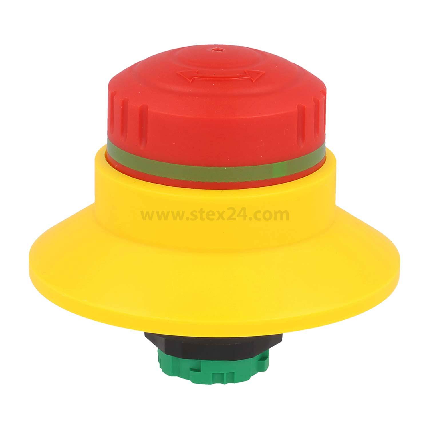 Notstop-Taste mit roter Kappe, gelbem Sockel und grünem Ring, die zum Anhalten von Maschinen in Notfällen verwendet wird.