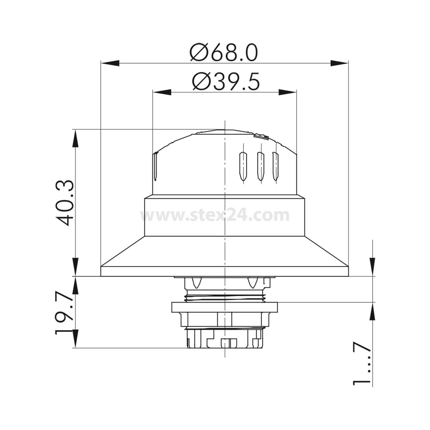 Technische Zeichnung einer kreisförmigen Komponente. Abmessungen: Durchmesser 68,0, 39,5, Höhensegmente 40,3 und 19,7. Unteres Basisdetail enthalten.